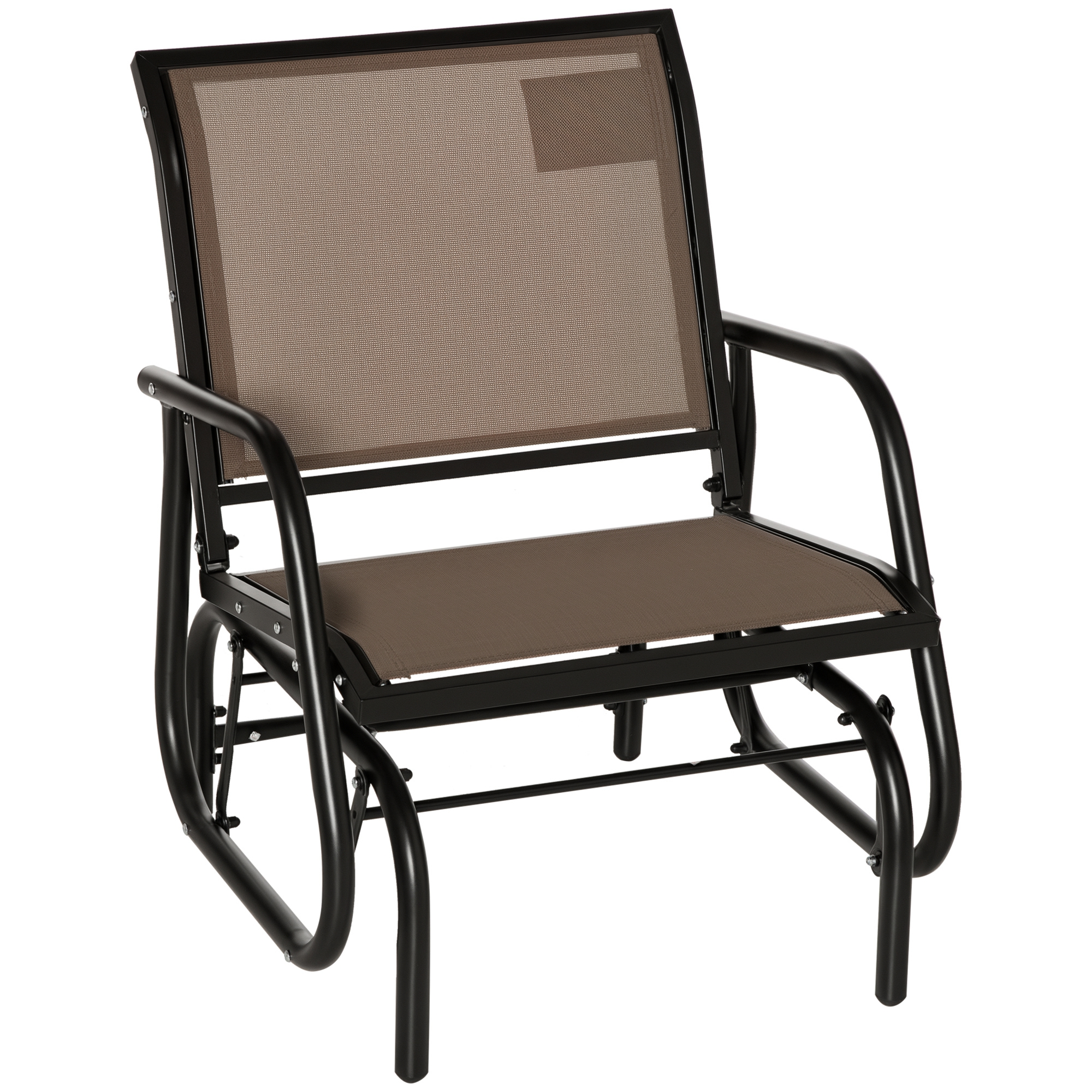 Porch Glider, Metal Frame Swing Glider Chair with Breathable Mesh Fabric, Curved Armrests and Steel Frame for Garden, Poolside, Backyard, Balcony, Brown (Drop Shipping Only, Not for Amazon)