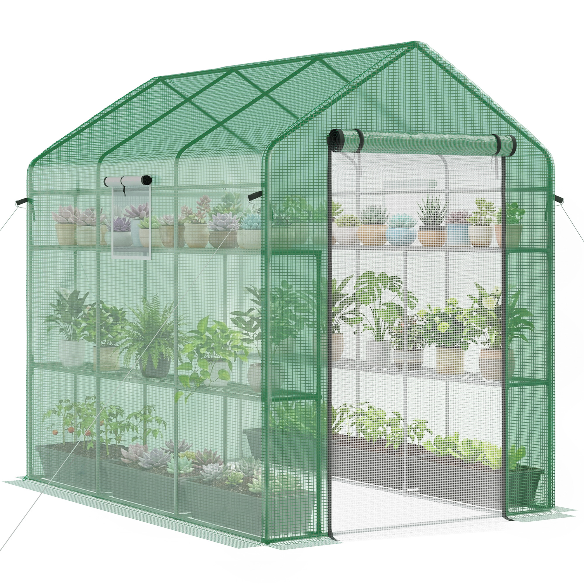 7' x 5' x 6' Walk-in Greenhouse for Outdoors with Mesh Door and Windows, 18 Shelf Hot House with Trellis, Plant Labels, UV Protective for Growing Flowers, Herbs, Vegetables, Saplings, Green (Drop Shipping Only, Not for Amazon)