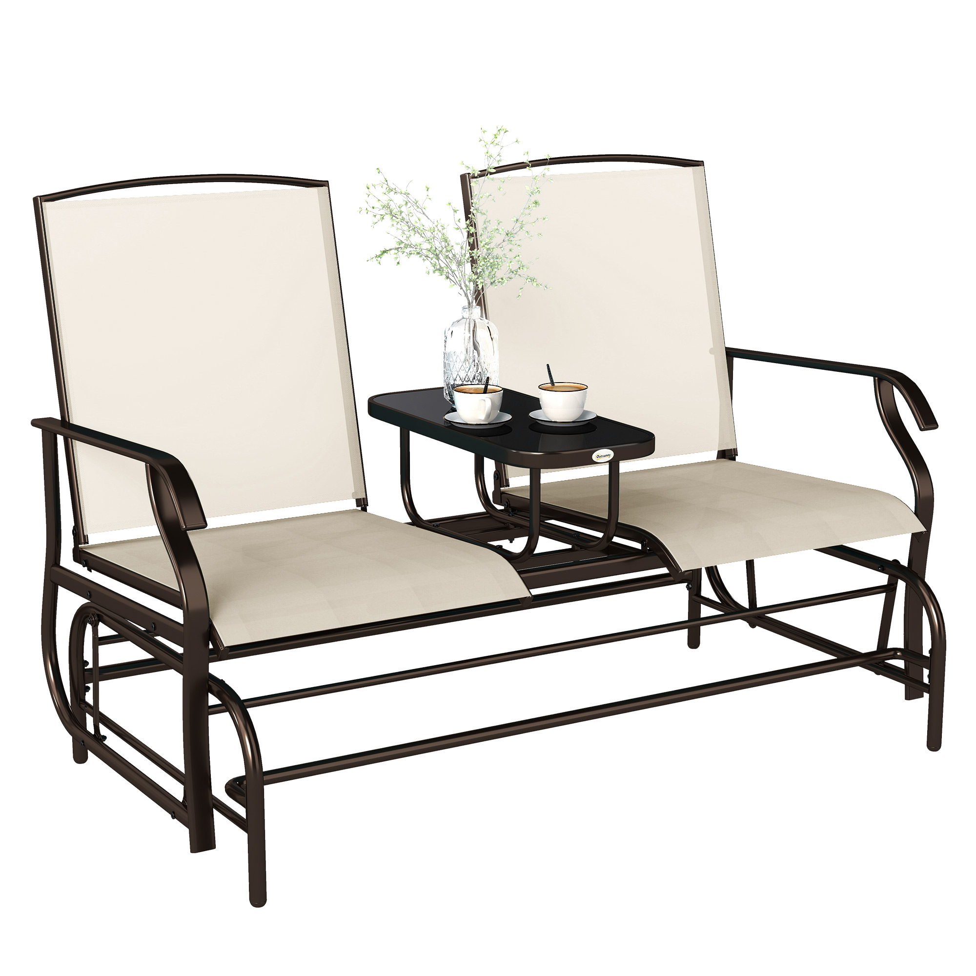 Outdoor Glider Bench with Center Table, Metal Frame Patio Loveseat with Breathable Mesh Fabric and Armrests for Backyard Garden Porch, Beige (Drop Shipping Only, Not for Amazon)