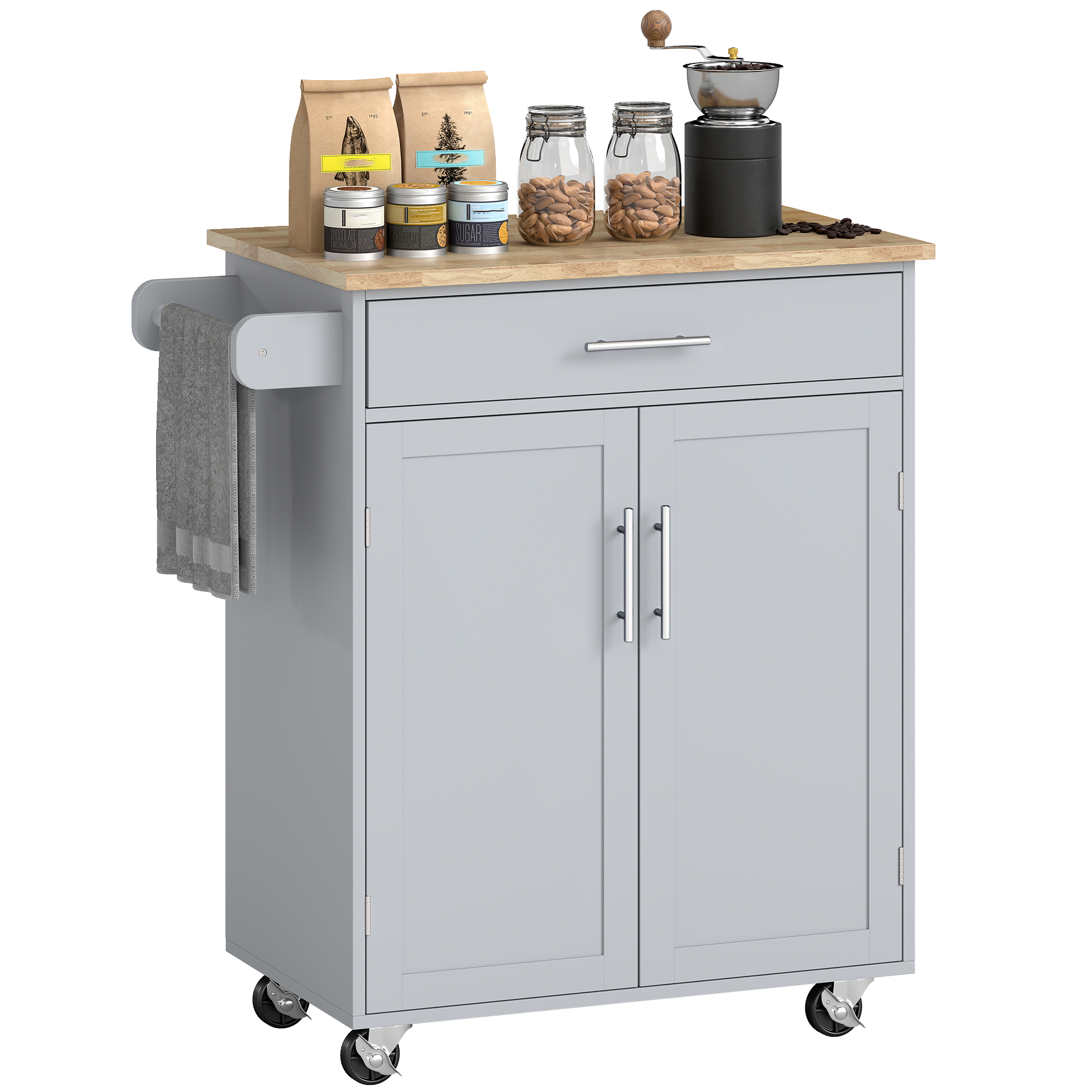 Kitchen Island Cart, Rolling Island Table with Solid Wood Top, Trolley Cart with Drawer, Storage Cabinet & Towel Rack, Gray (Drop Shipping Only, Not for Amazon)