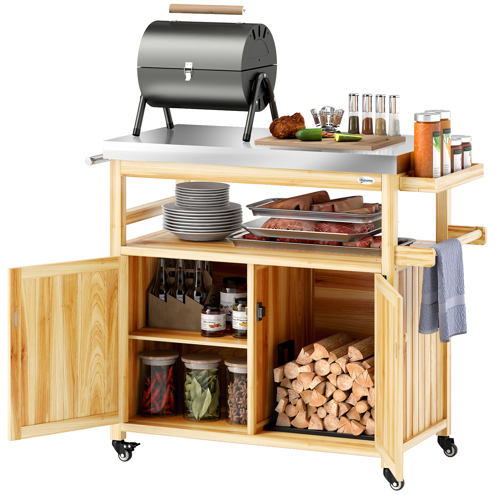 Outdoor Grill Cart w/ Stainless Steel Top, Solid Wood Outdoor Kitchen Island w/ Wheels, Storage Cabinets, Natural Wood (Drop Shipping Only, Not for Amazon)
