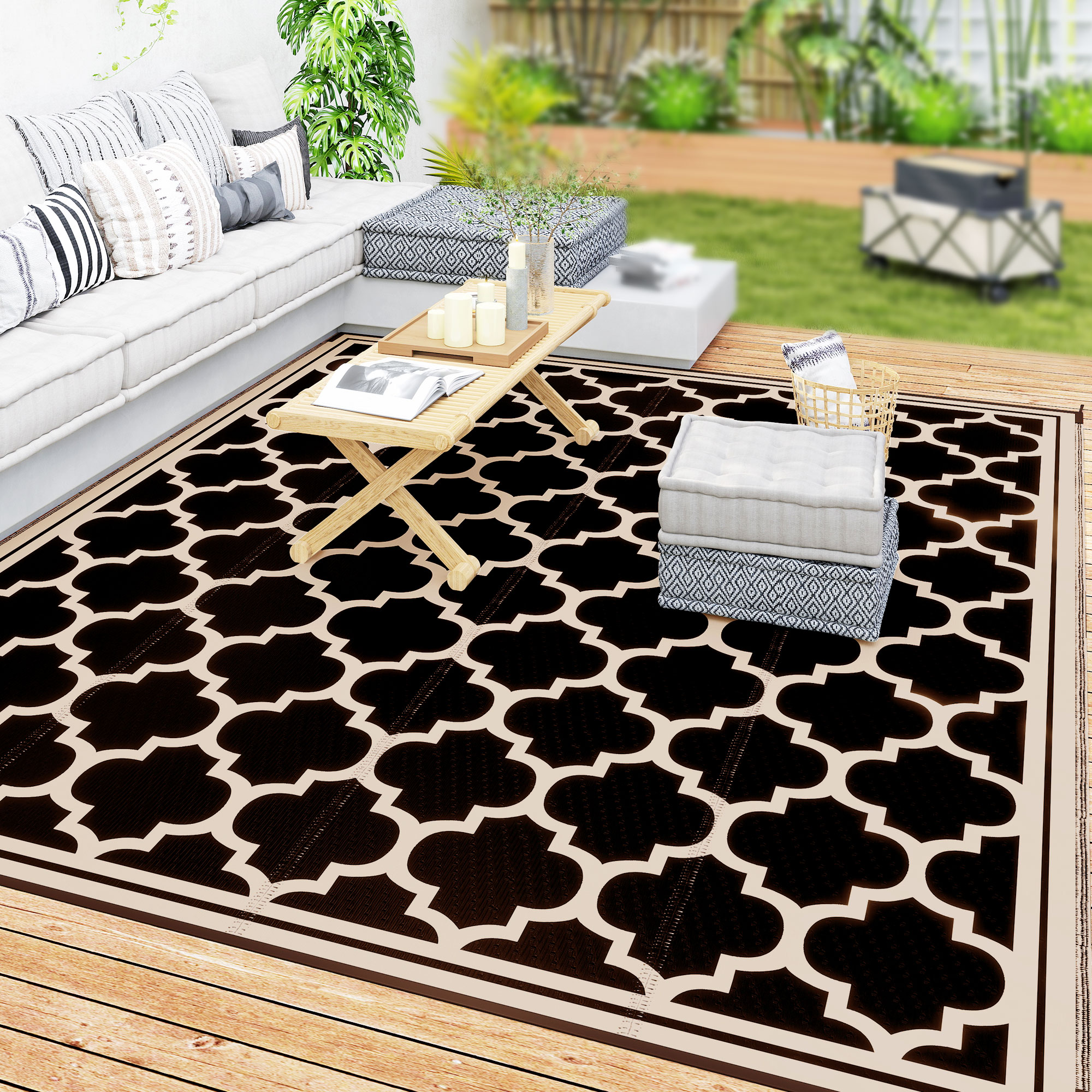 9' x 12' Reversible Outdoor RV Rug, Plastic Straw Rug for Camping, Deck, Beach, Black, Beige (Drop Shipping Only, Not for Amazon)