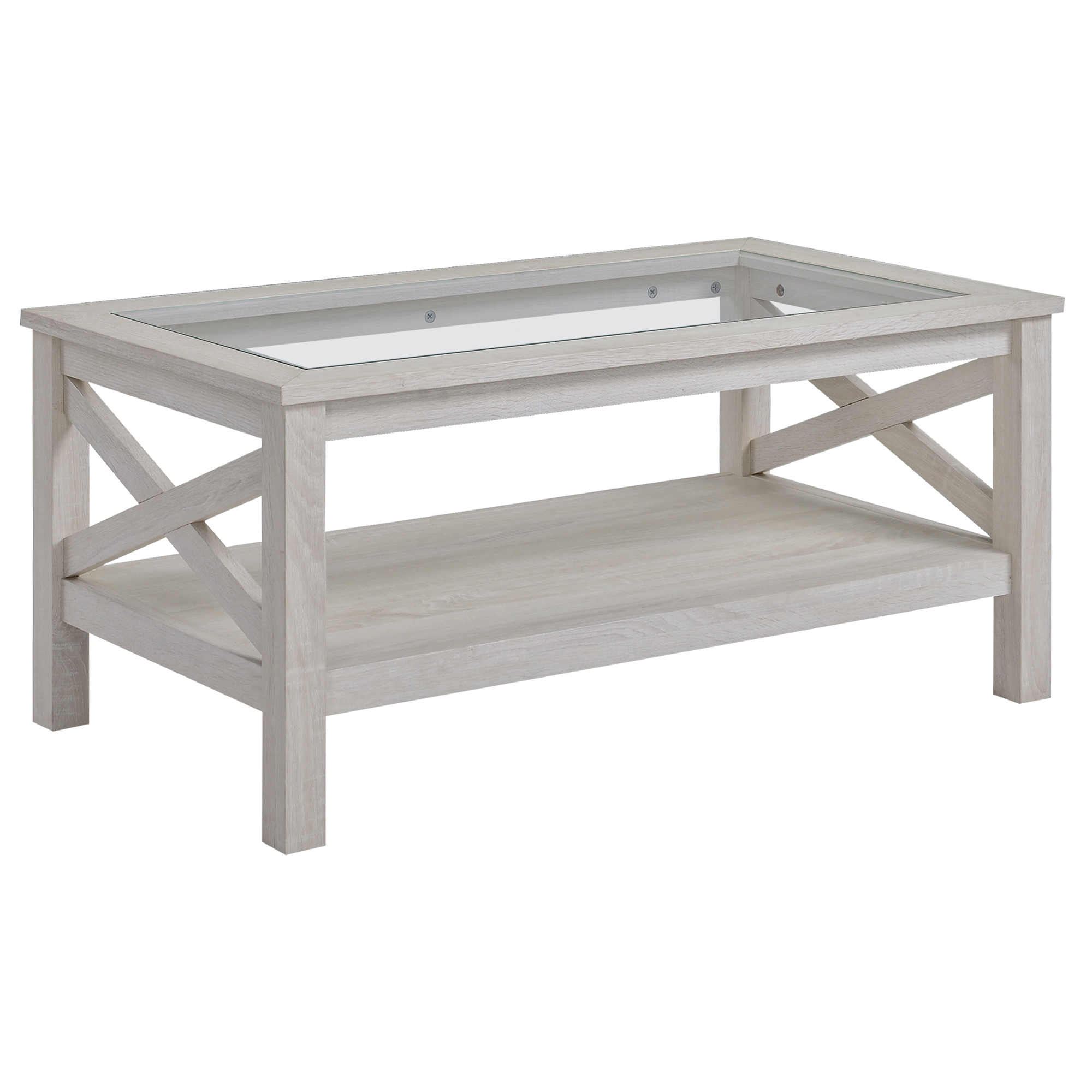 Coffee Table with Tempered Glass Tabletop, Living Room Table with Wood Frame and Underneath Storage Shelf, White Oak (Drop Shipping Only, Not for Amazon)