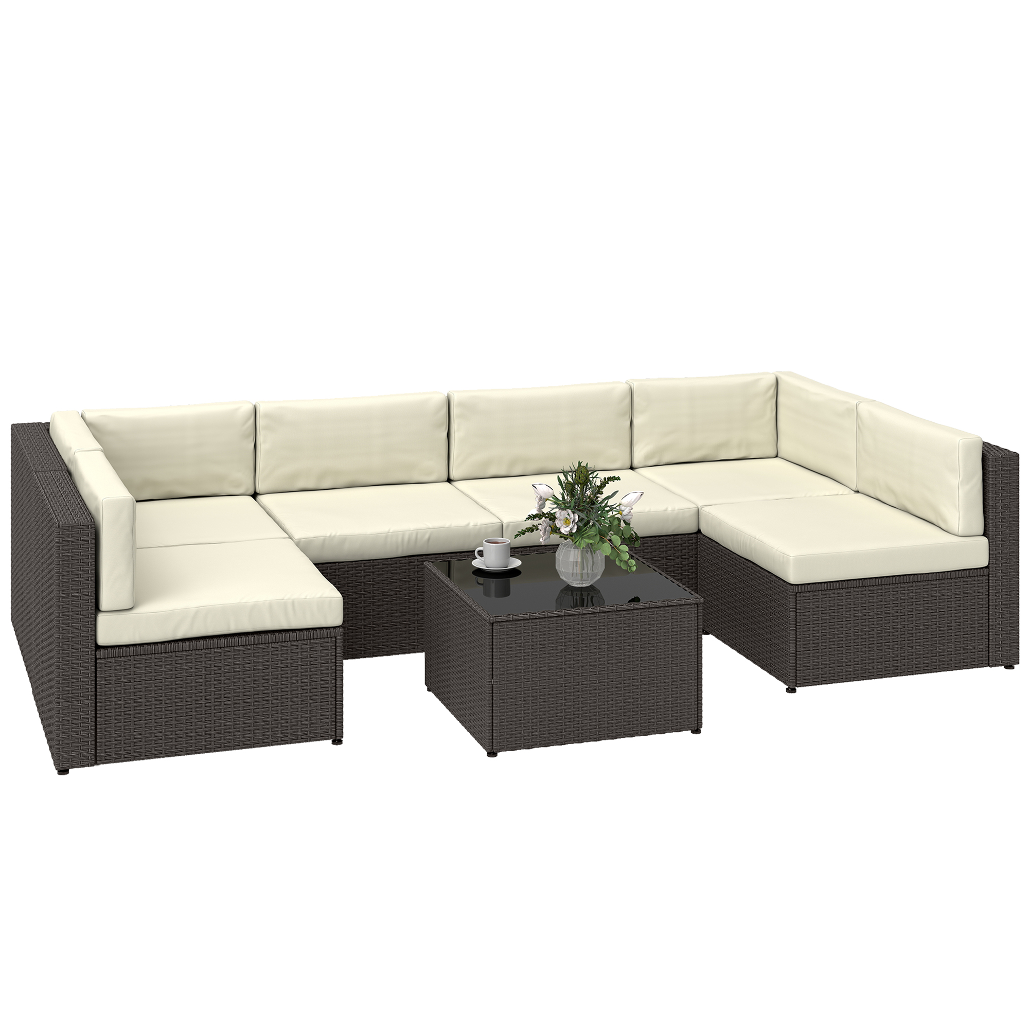 7 Piece Patio Furniture Set, All Weather PE Rattan Outdoor Furniture Conversation Sets with Glass Top Coffee Table (Drop Shipping Only, Not for Amazon)