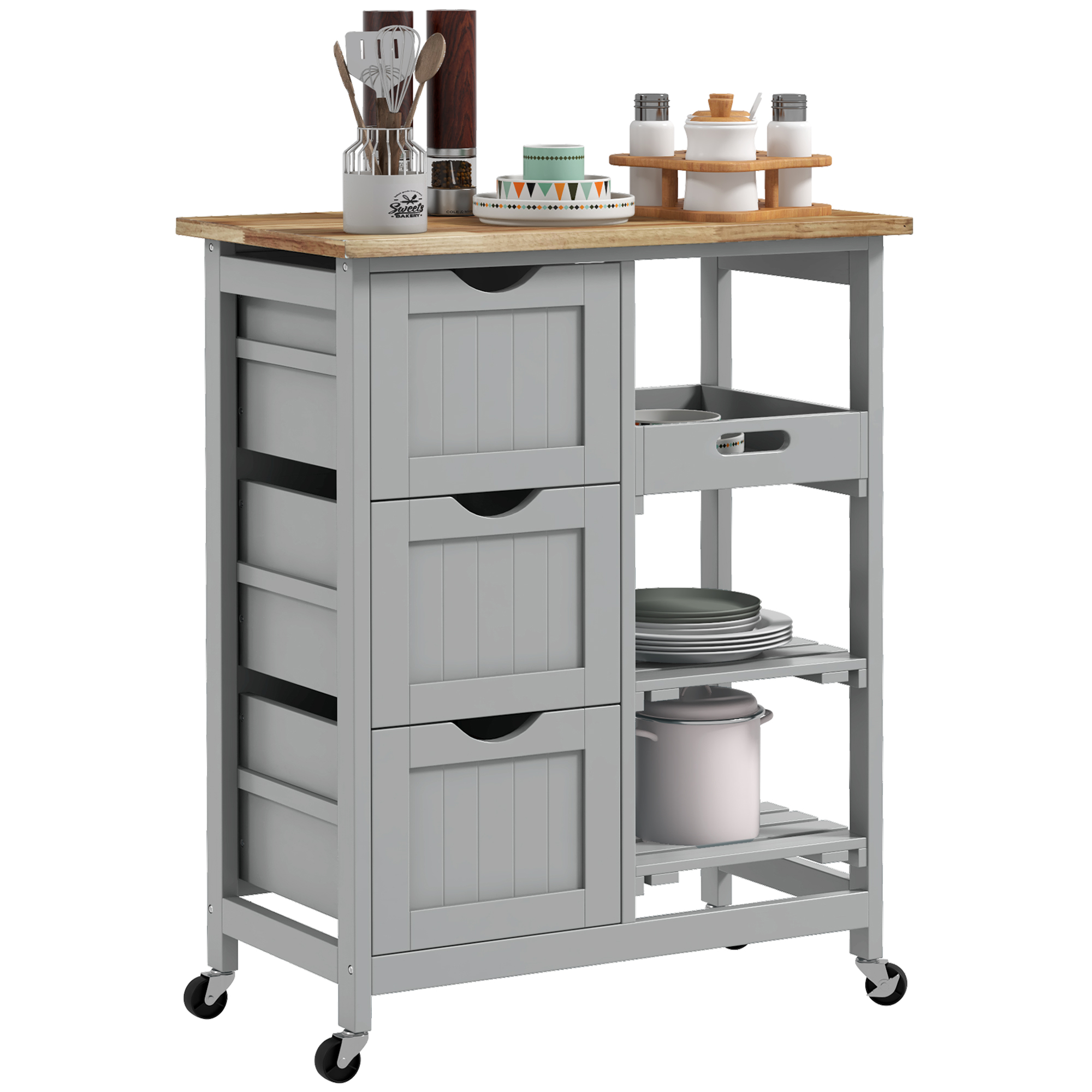Rolling Kitchen Island Cart, Bar Serving Cart, Compact Trolley on Wheels with Wood Top, Shelves & Drawers, Grey (Drop Shipping Only, Not for Amazon)