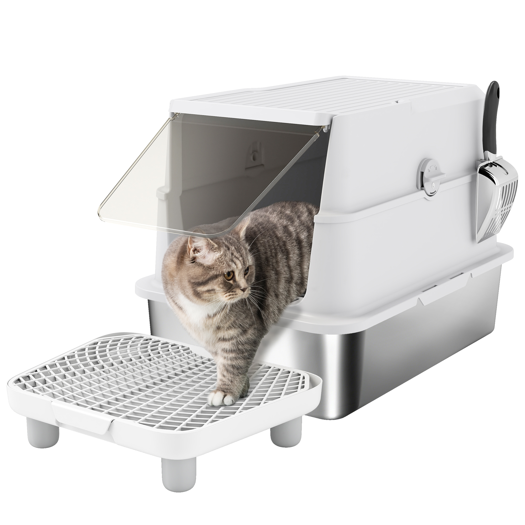 Extra Large Stainless Steel Cat Litter Box for Big Cats with Flip Cover, High-Sided Enclosure & Scoop (Drop Shipping Only, Not for Amazon)