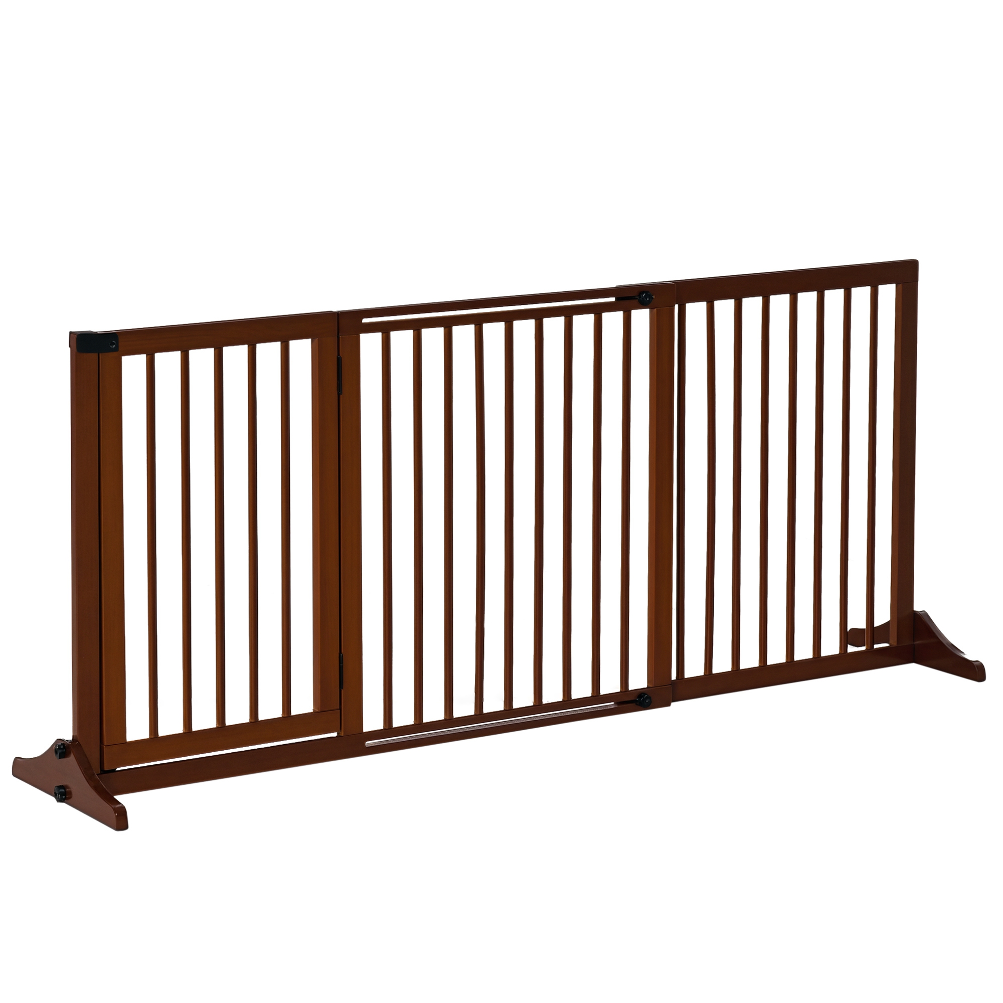 Freestanding Length Adjustable Wooden Pet Gate with Lockable Door 3 Panels, Brown (Drop Shipping Only, Not for Amazon)