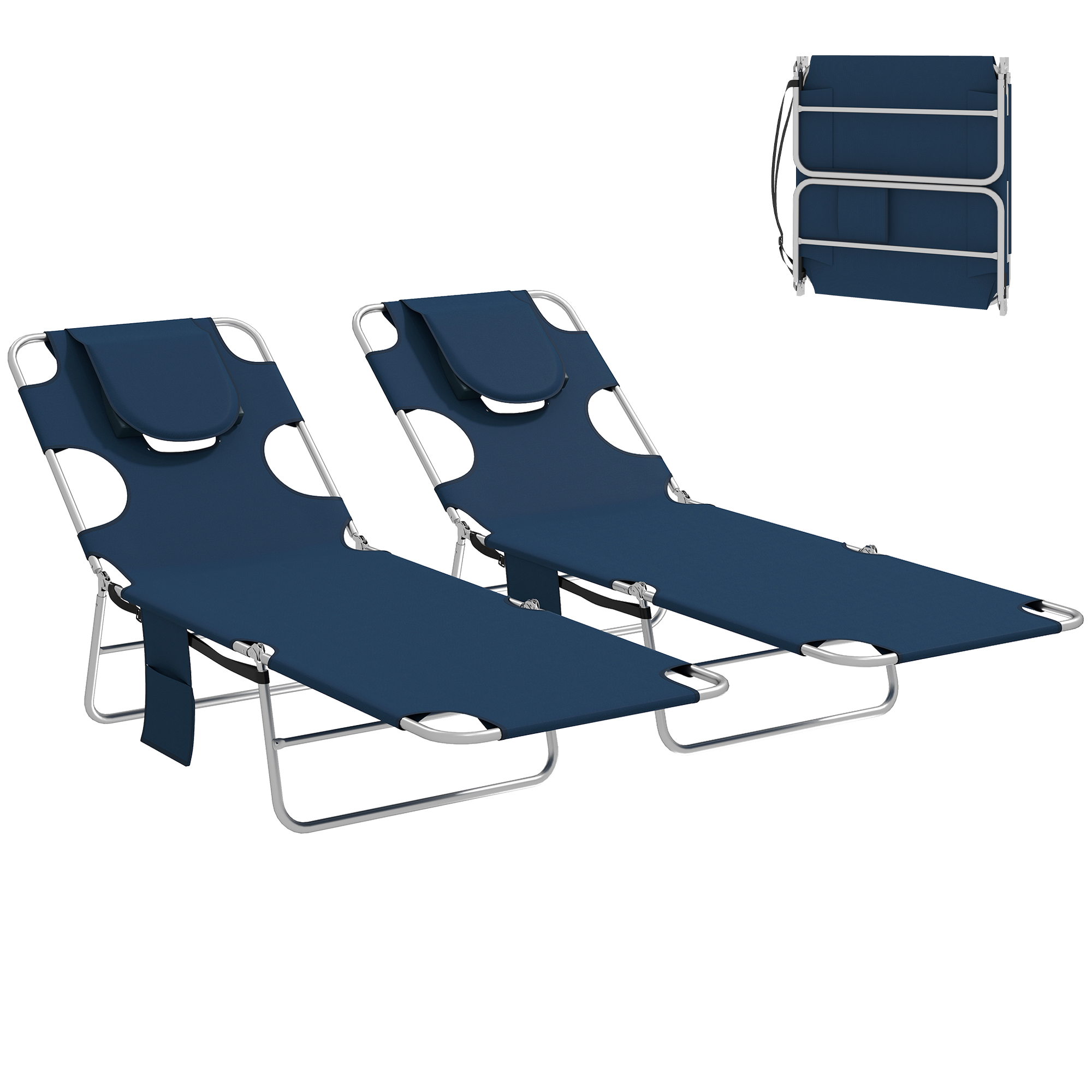 2 Tanning Chairs with Face Hole, 5-Level Adjustable Outdoor Chaise Lounge Chair with Pillow for Beach, Pool, Dark Blue (Drop Shipping Only, Not for Amazon)