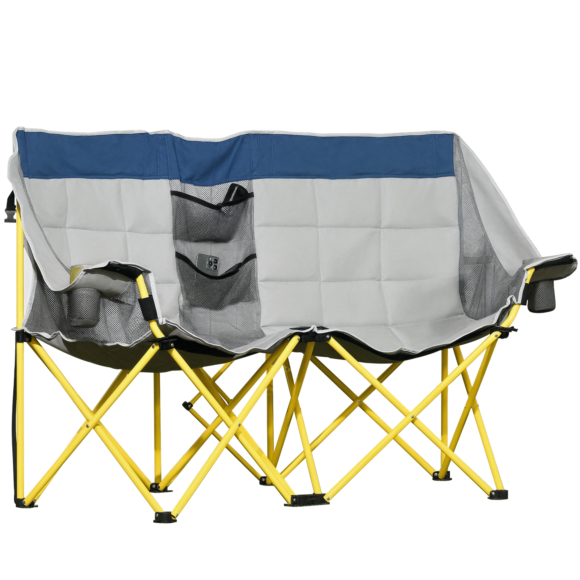 Loveseat Style Camping Chair, Oversized Folding Lawn Chair with Carry Bag & Cup Holders, for Outdoor, Navy Blue & Gray (Drop Shipping Only, Not for Amazon)