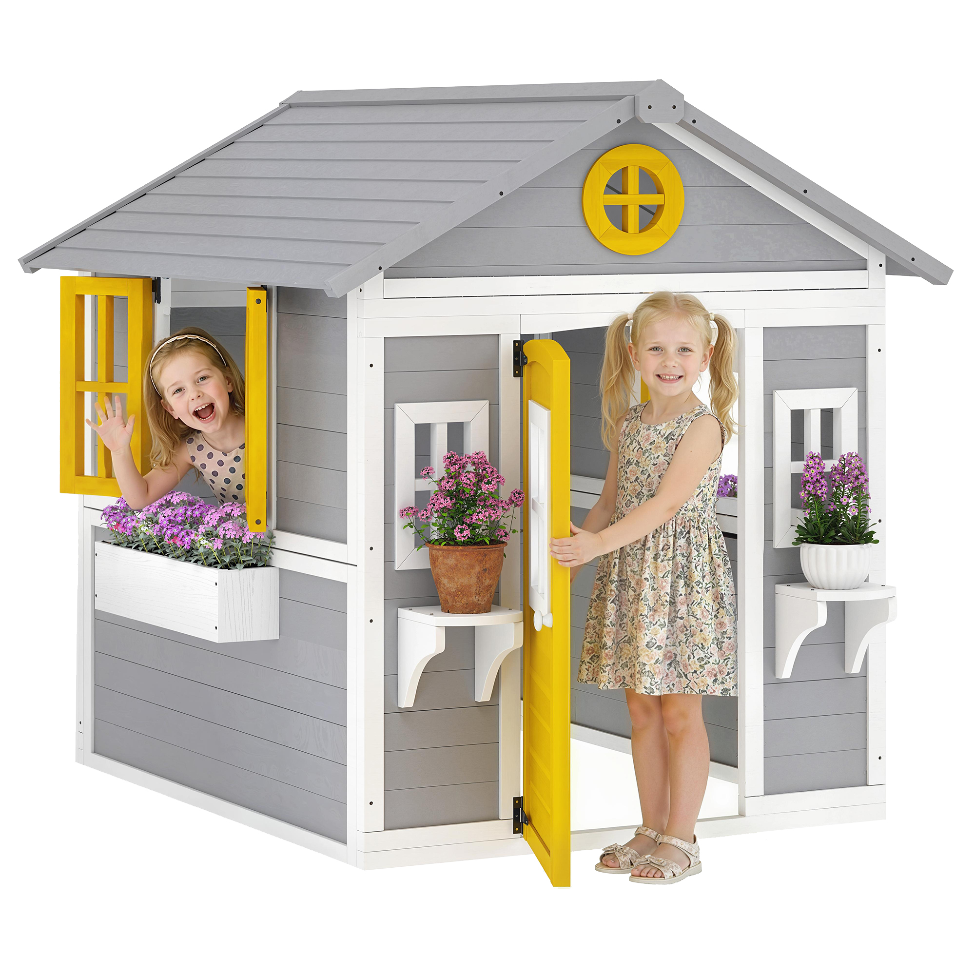 Wooden Playhouse with Doors, Windows, Plant Pots, Boxes, for 3-8 Years - Beige (Drop Shipping Only, Not for Amazon)
