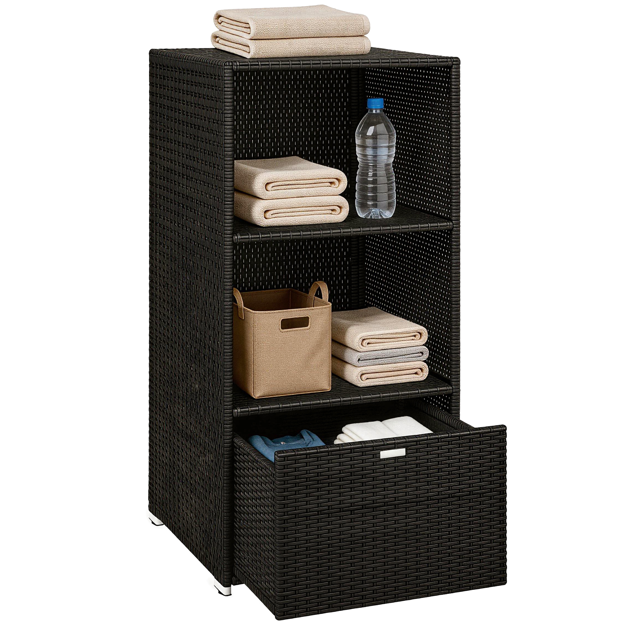 Valet Pool Towel Rack, Water-Resistant PE Plastic Rattan Wicker Storage Organizer, 2 Shelves, 1 Basket Drawer (Drop Shipping Only, Not for Amazon)