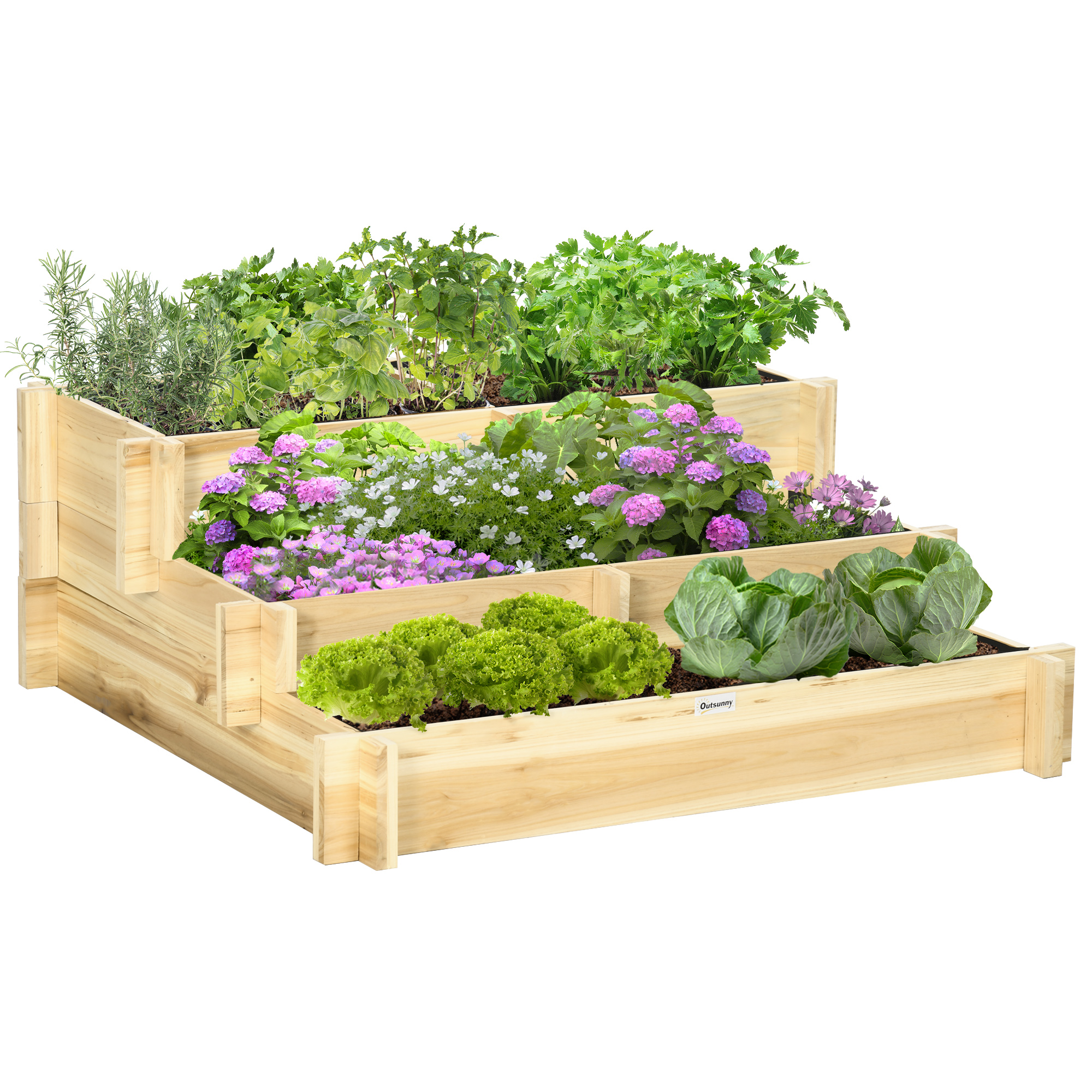 3 Tier Raised Garden Bed, Water Draining Fabric for Soil, Elevated Wood Flower Box for Vegetables, Herbs, Natural (Drop Shipping Only, Not for Amazon)