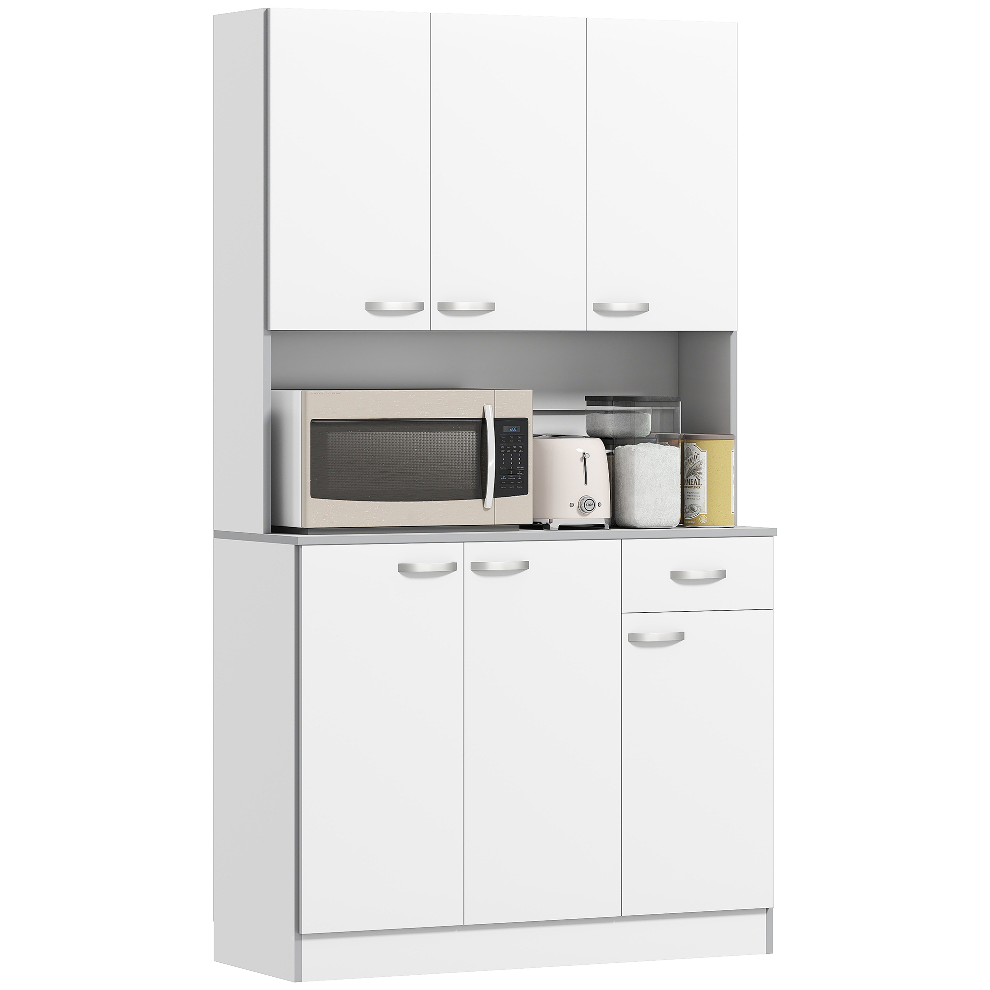 Kitchen Cupboard, Freestanding Kitchen Storage Cabinet with 6 Doors, Drawer, Adjustable Shelves and Open Countertop for Dining Room, White (Drop Shipping Only, Not for Amazon)