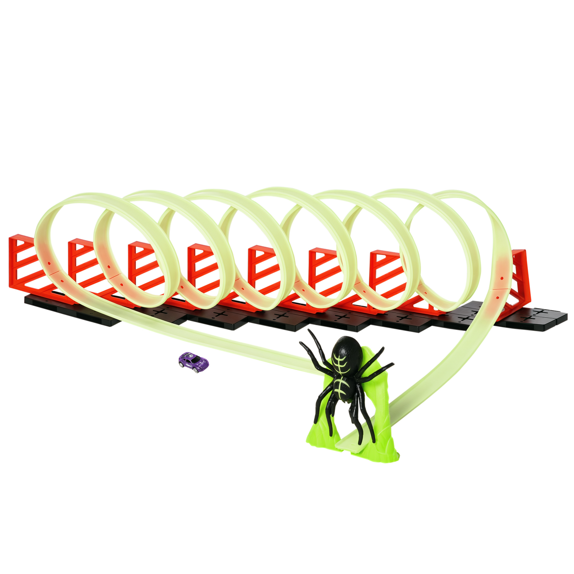 Qaba Track Builder Loop Kit Criss-Cross Glowing Race Track Toy Set Spooky Spider Fun Starter Kit, with Pull-back Car for Kids 3-6 years old, Lime Green (Drop Shipping Only, Not for Amazon)