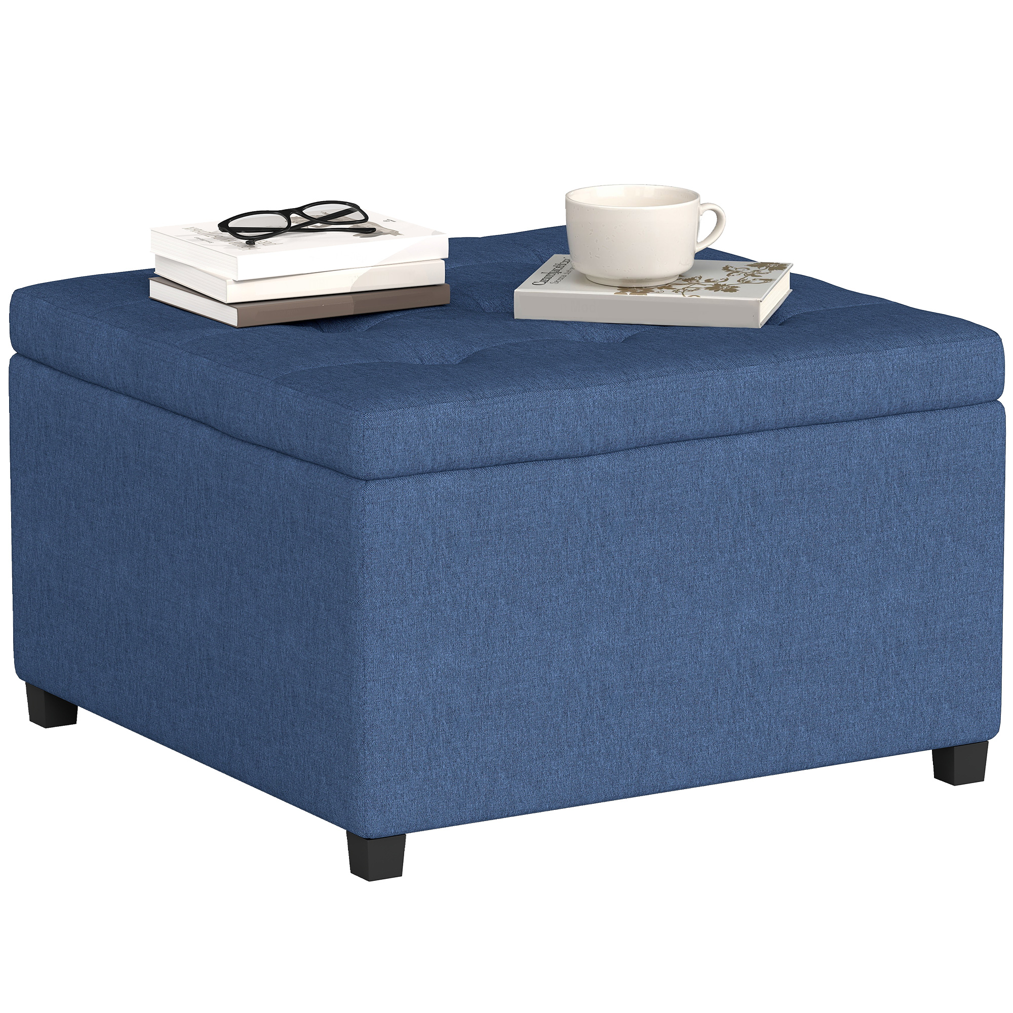 Round Storage Ottoman Bench, Button Tufted Ottoman with Flip Top for Living Room, Entryway and Bedroom, Blue (Drop Shipping Only, Not for Amazon)