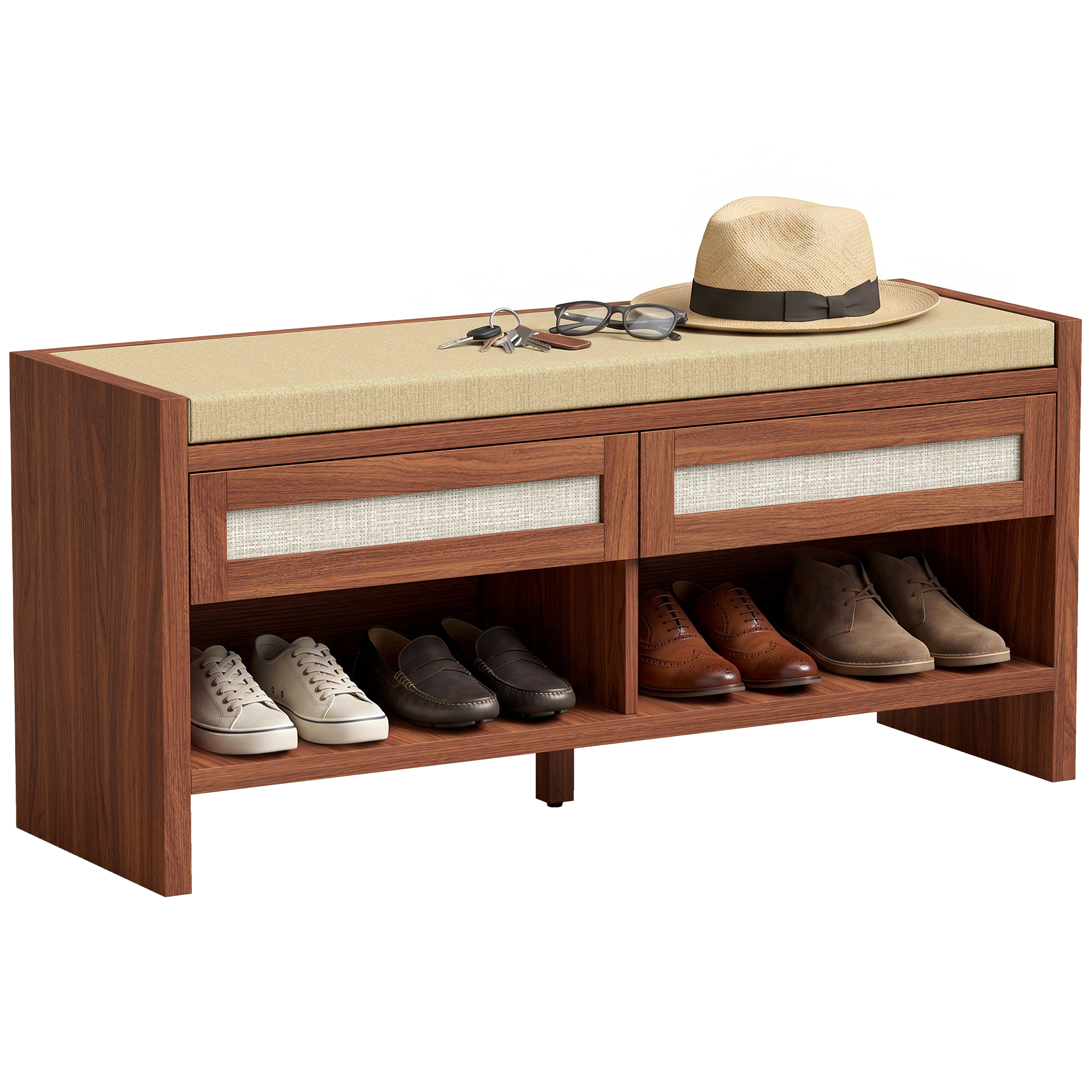 Shoe Bench with Cushioned Seat Shoe Storage Bench with 2 Rattan Drawers and Open Shelf Brown (Drop Shipping Only, Not for Amazon)