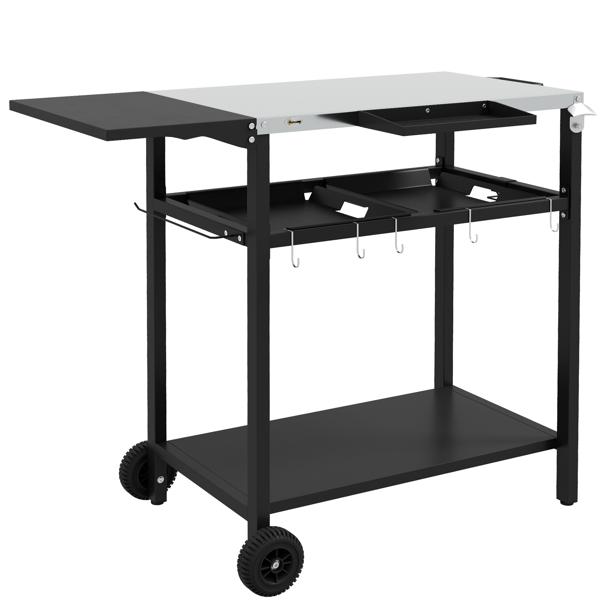 2-Tier Shelf Outdoor Bar Cart, Stainless Steel Tabletop Patio Serving Cart with Accessories for Poolside, Garden, Black (Drop Shipping Only, Not for Amazon)