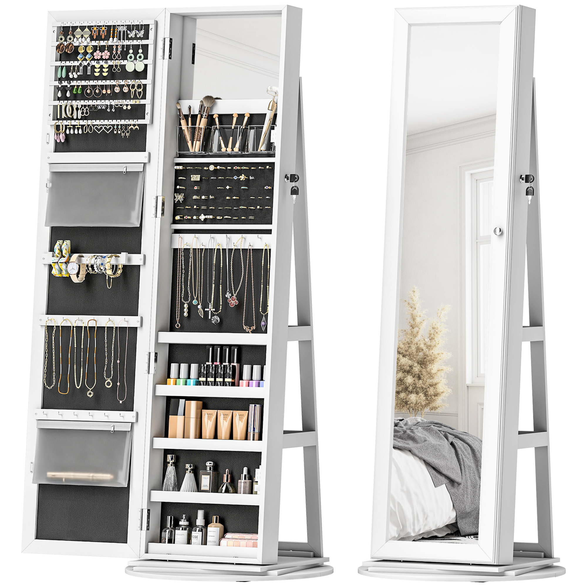 360° Swivel Jewelry Armoire, Lockable Jewelry Cabinet with Full-Length Mirror, Storage Shelves, White (Drop Shipping Only, Not for Amazon)