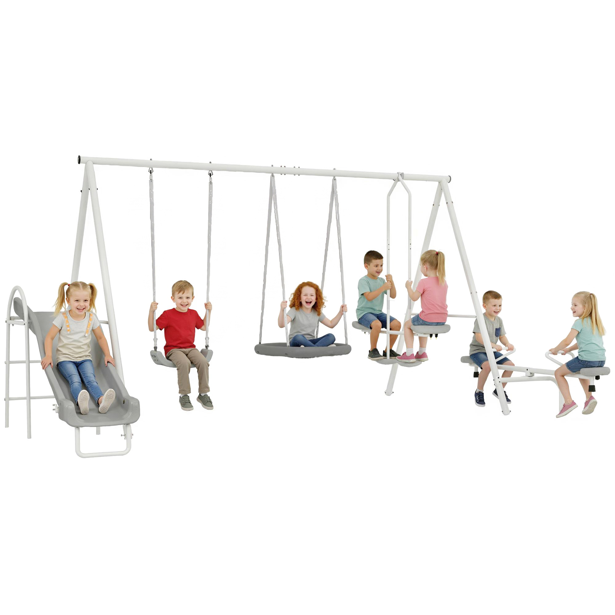 5 in 1 Kids Swing Set for Backyard with Heavy-Duty A-Frame Stand, Saucer Swing, Slide, Seesaw, Glider, Swing Seat, Gray (Drop Shipping Only, Not for Amazon)