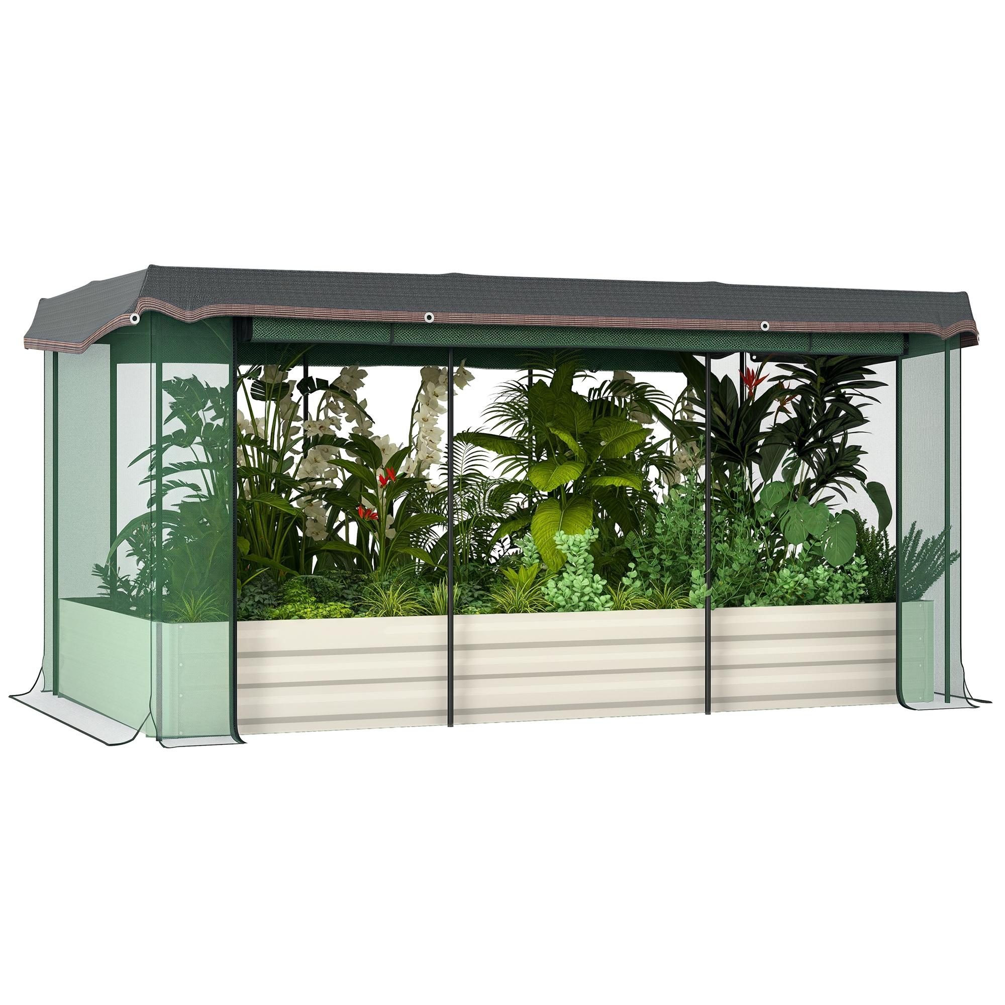 Galvanized Steel Planter Box with Crop Cage and Shade Cloth, Raised Garden Bed for Flowers, Veggies and Herbs, Beige (Drop Shipping Only, Not for Amazon)