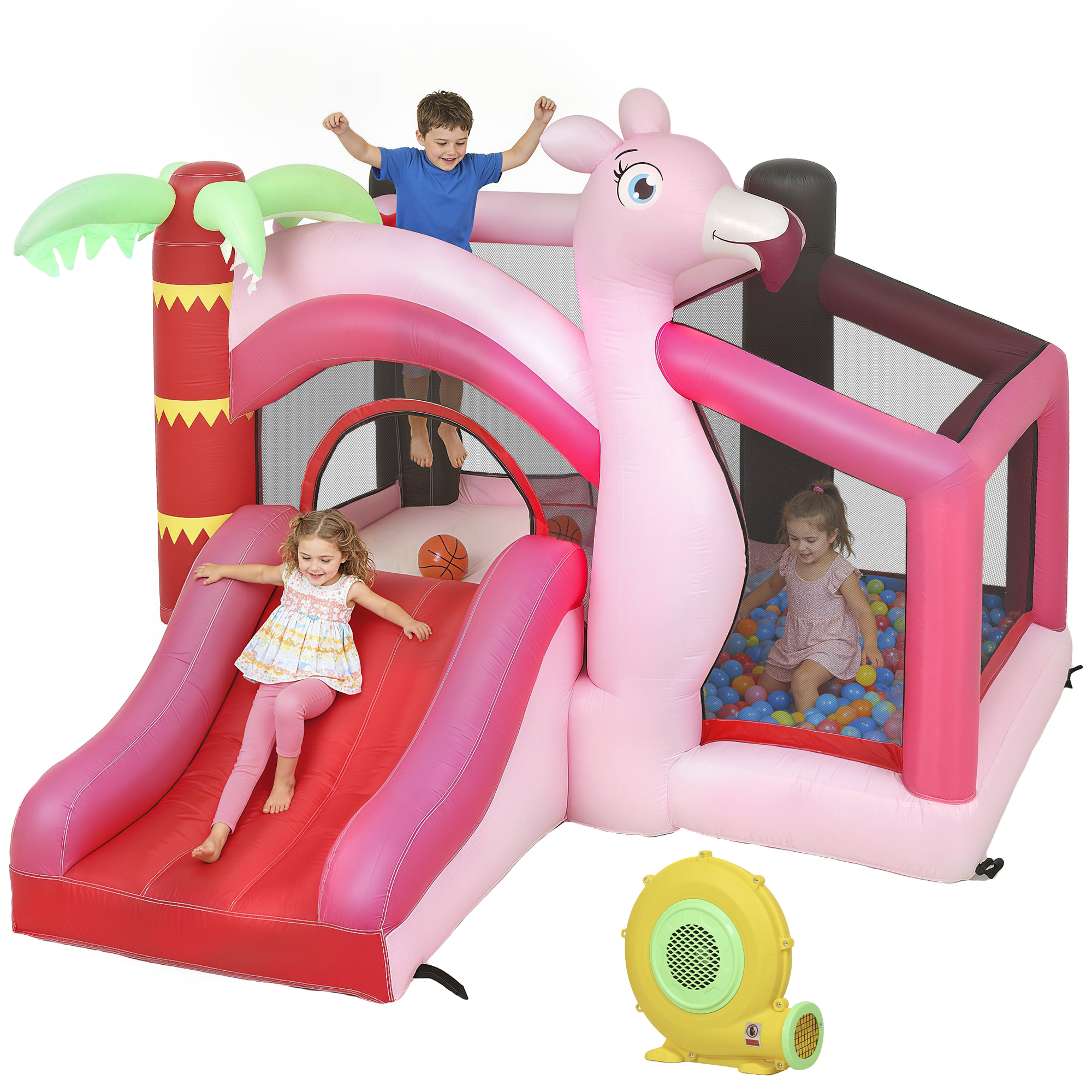 Inflatable Bounce House with Ball Pool, Basketball Hoop, Jumping Bouncy Castle with Blower for Indoor Outdoor, Pink (Drop Shipping Only, Not for Amazon)