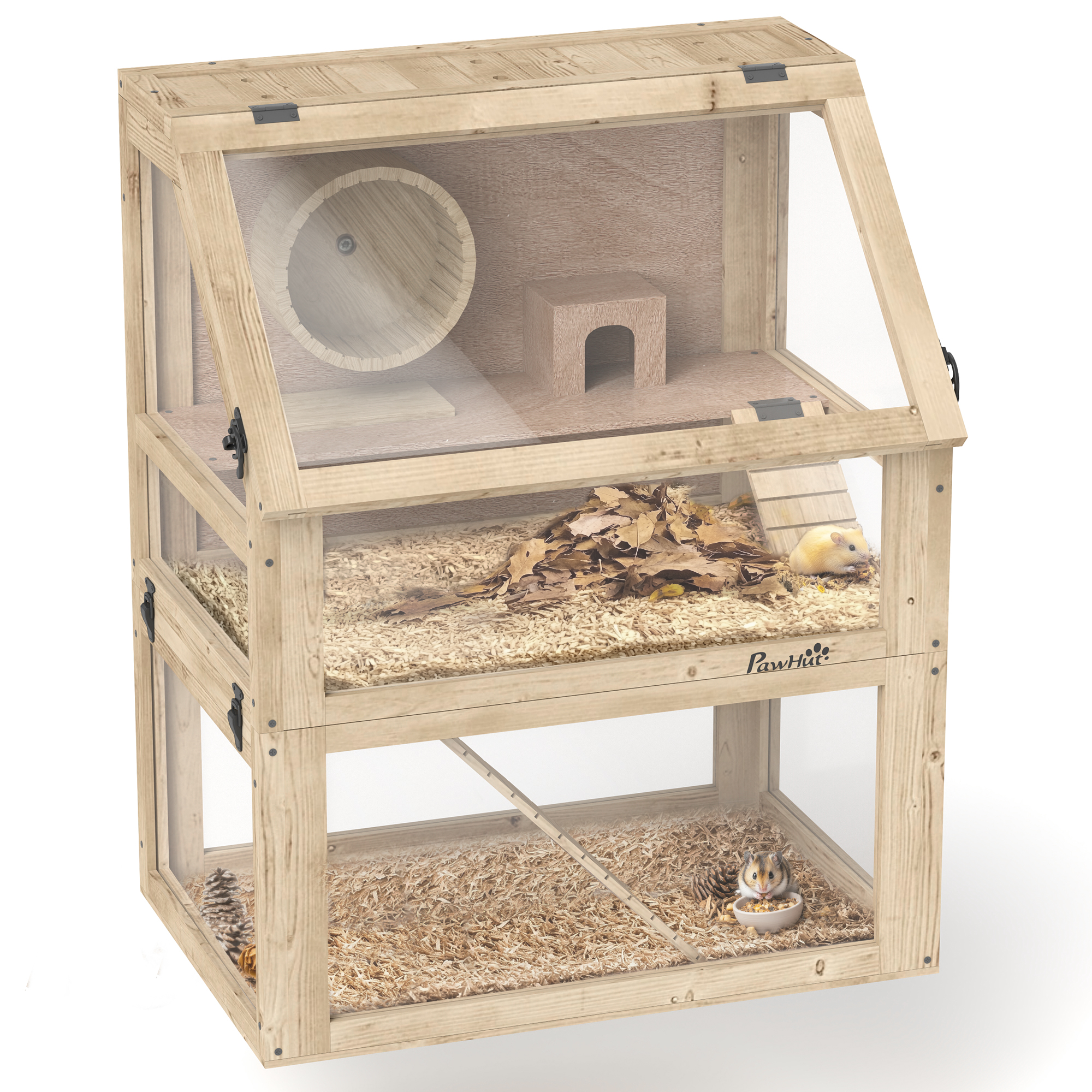 Wooden Hamster Cage with Detachable 32cm Deep Bottom, Hut, Seesaw, Exercise Wheel, Ramp, 60 x 40 x 75cm, Natural (Drop Shipping Only, Not for Amazon)