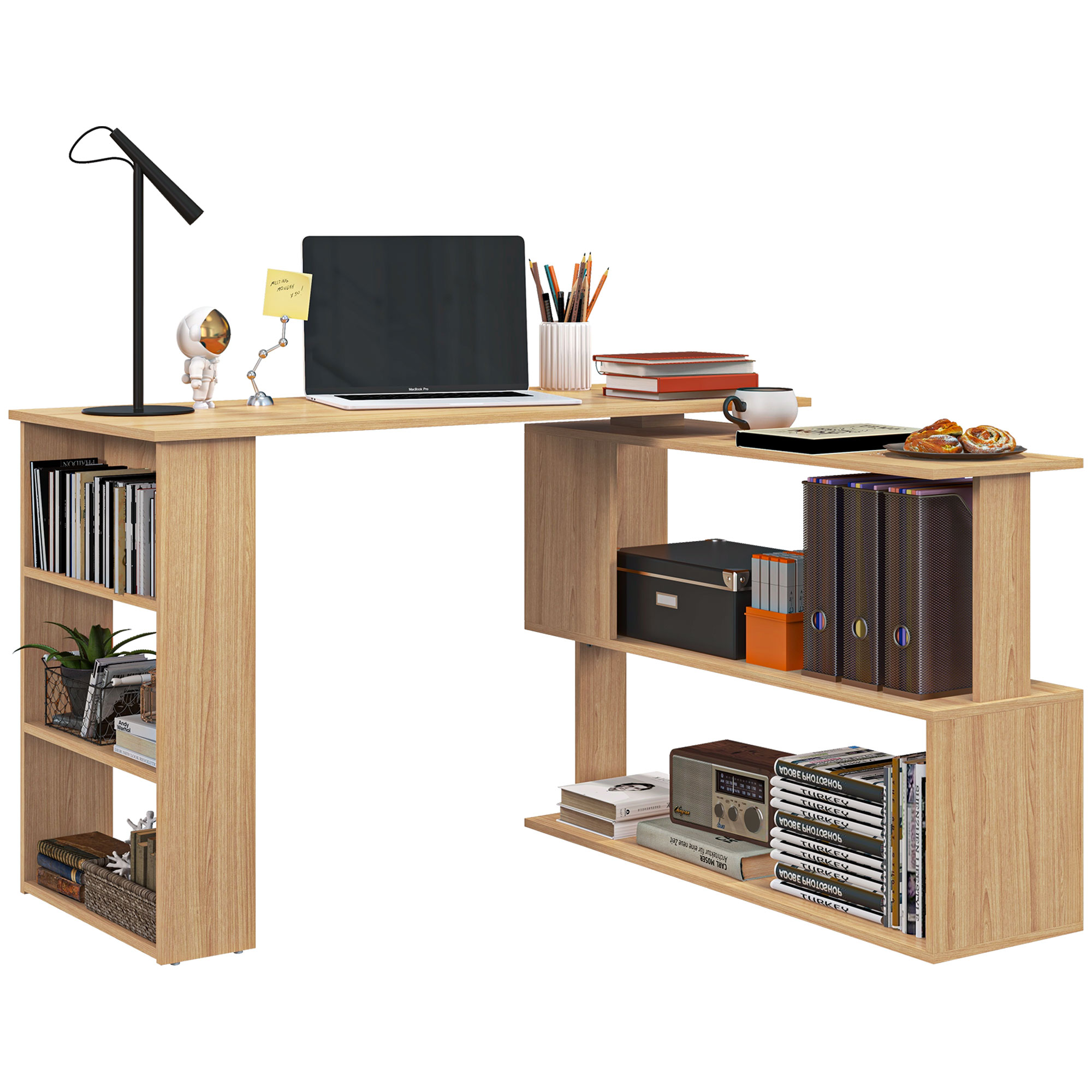 Corner Computer Desk, L Shaped Desk with 360° Rotating Bookshelf, 120L x 110W x 74.5H cm, Maple (Drop Shipping Only, Not for Amazon)