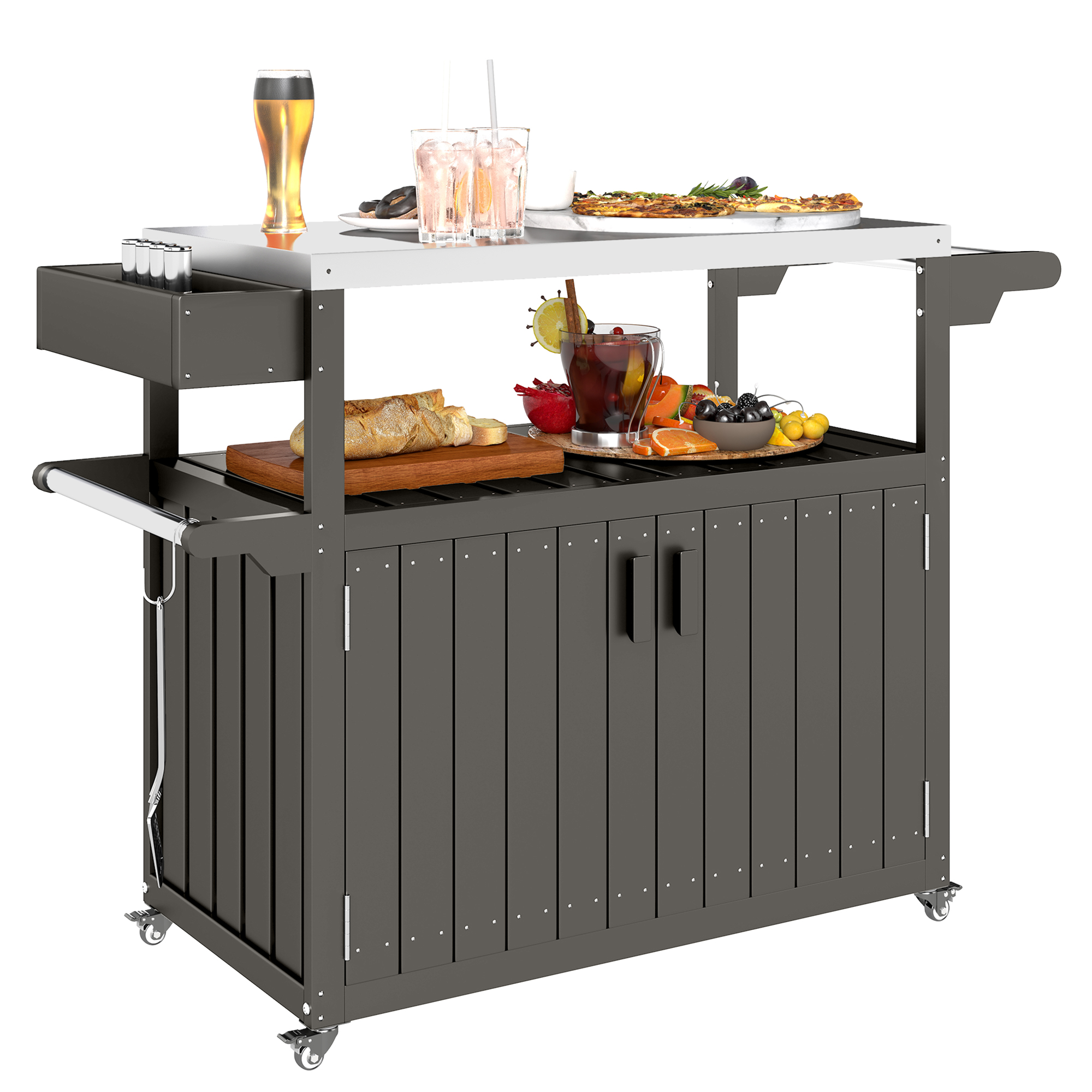 Outdoor Bar Cart with Storage, Stainless Steel Outdoor Bar Table Top, Wheeled HDPE Kitchen Island for Food Prep, Gray (Drop Shipping Only, Not for Amazon)