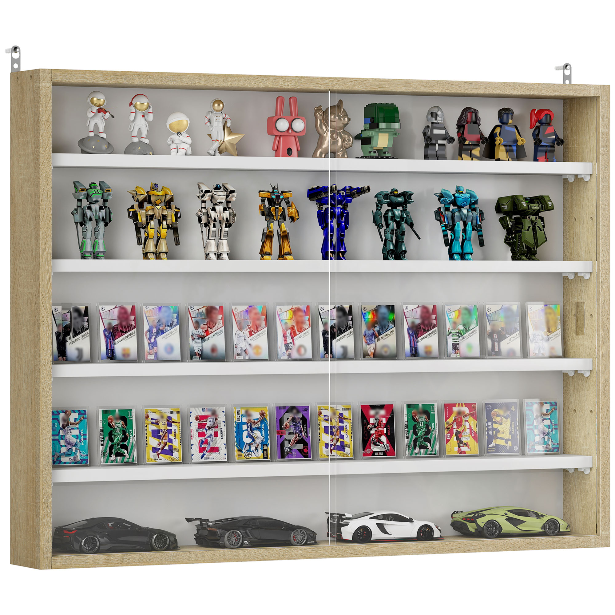 5-Tier Wall Display Shelf Unit Cabinet w/ 4 Adjustable Shelves Glass Doors Home Office Ornaments 60x80cm Natural (Drop Shipping Only, Not for Amazon)