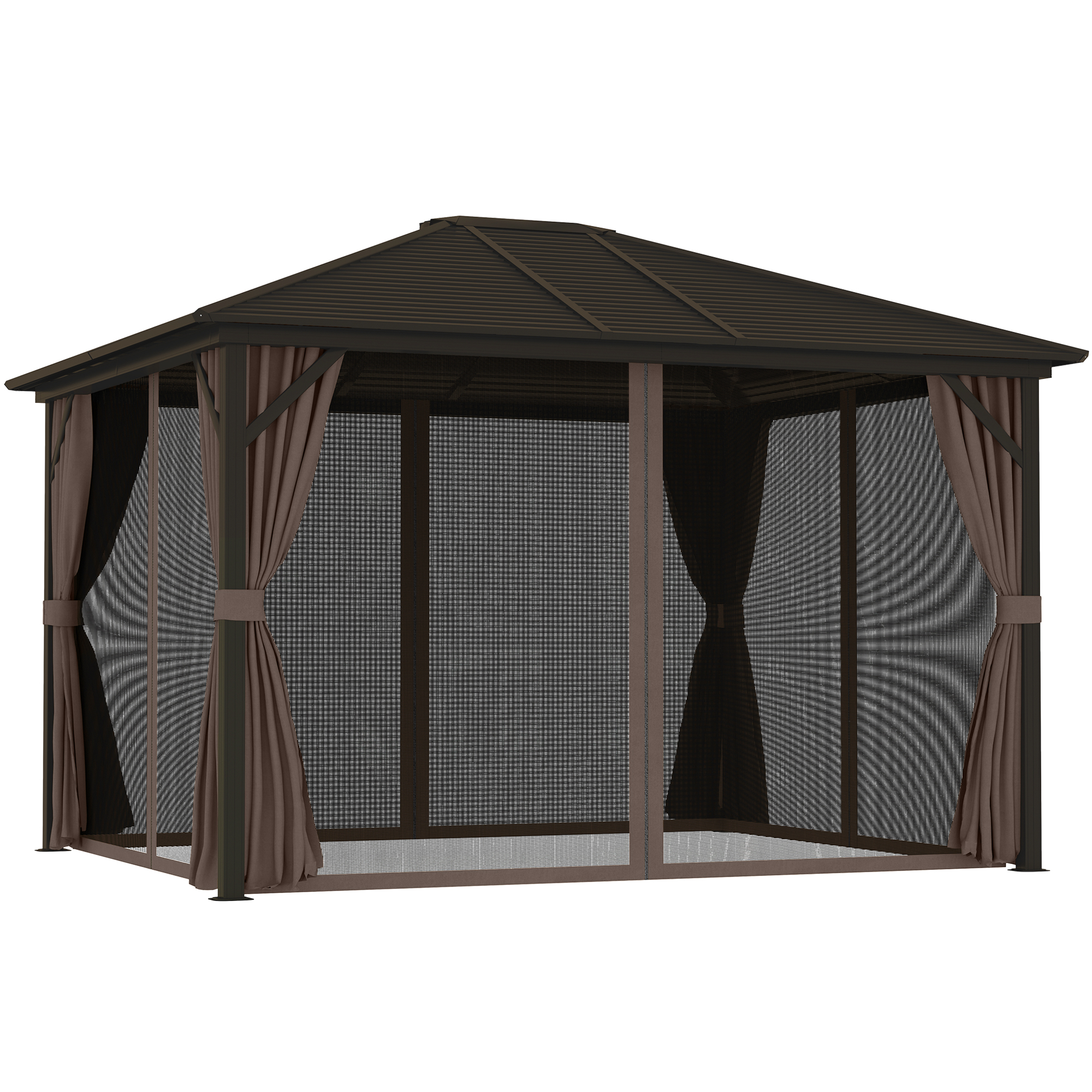 10' x 12' Hardtop Gazebo with Curtains and Netting, Gazebo Canopy with Aluminum Frame and Hooks, Coffee (Drop Shipping Only, Not for Amazon)