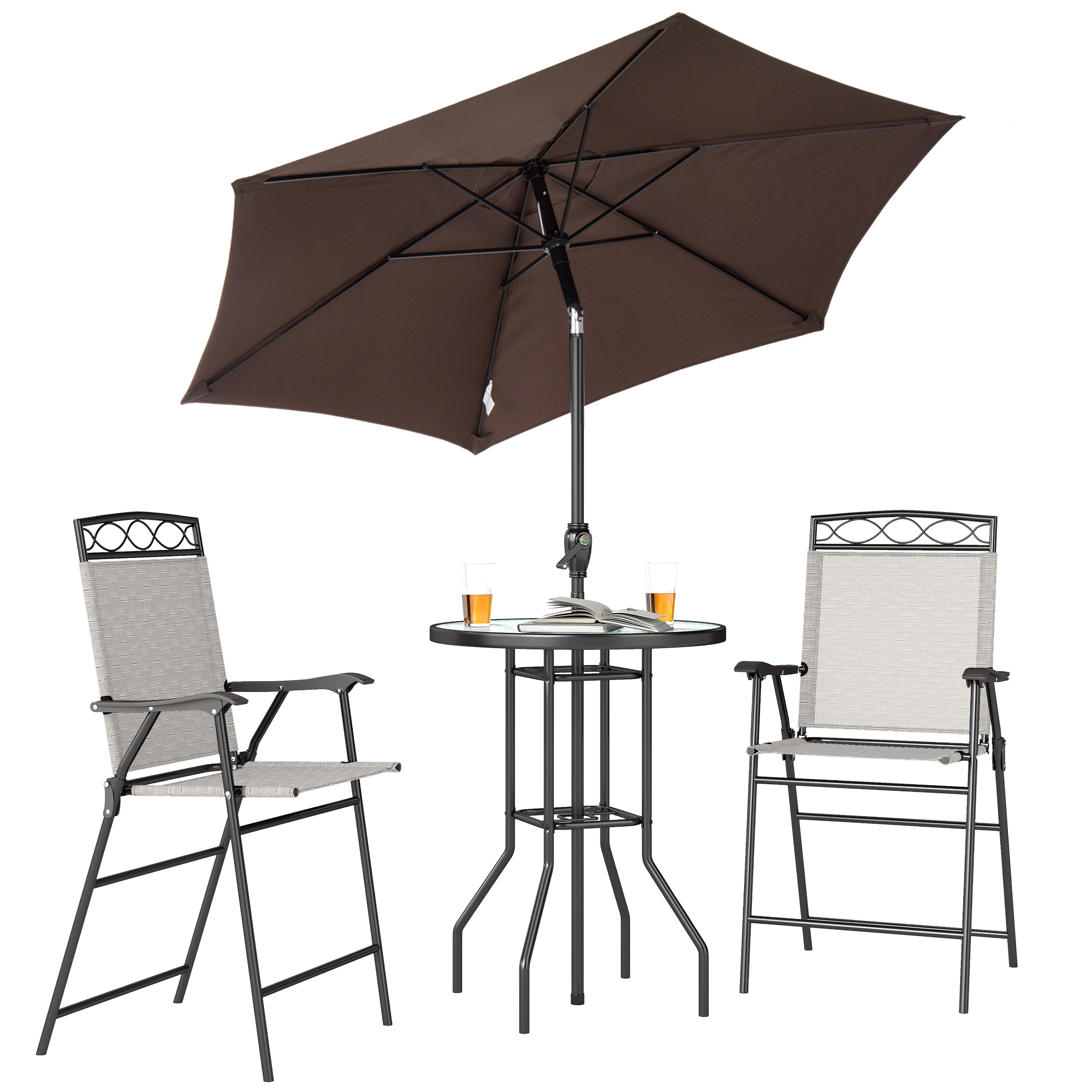 4 Piece Outdoor Bar Set with Umbrella, Patio Dining Set with 2 Folding Chairs, Wave Textured Tempered Glass Table for Backyard, Garden, Deck, Poolside, Black (Drop Shipping Only, Not for Amazon)