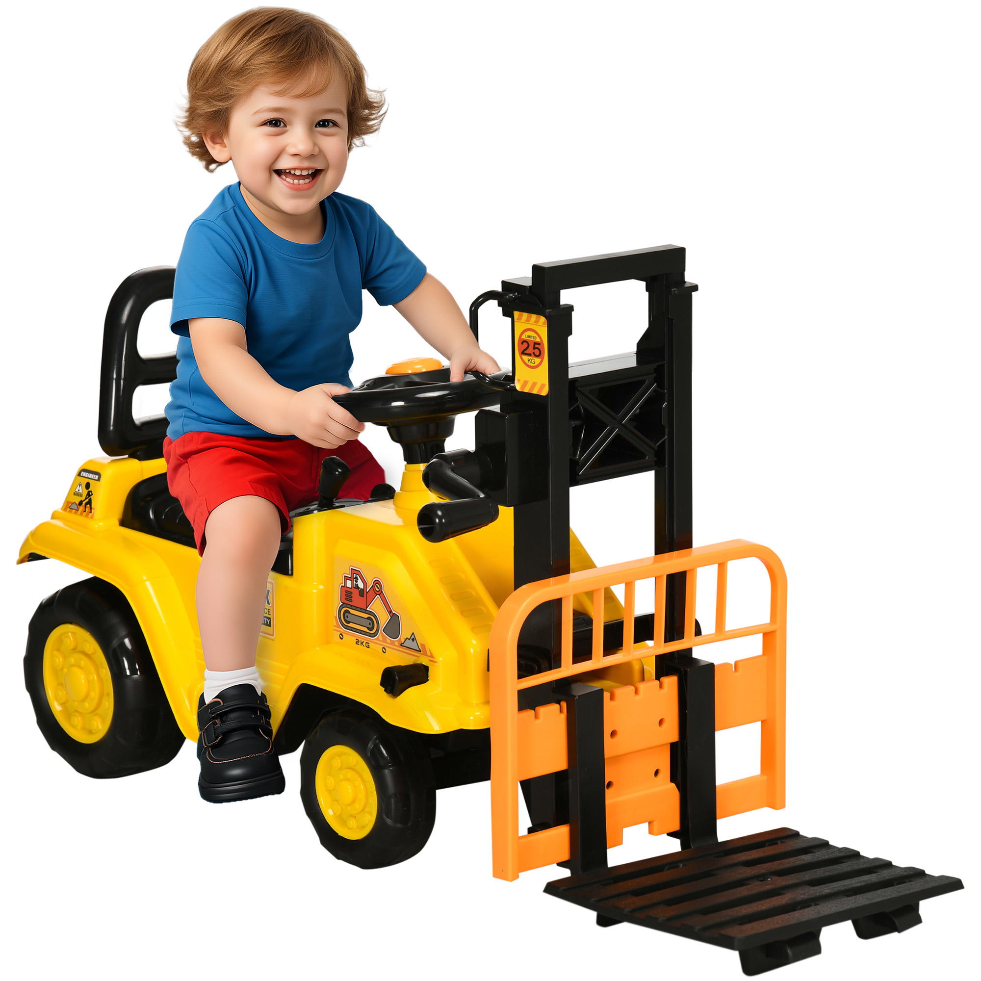 Kids Ride-On Construction Car, with Fork, Tray, Sounds - Yellow (Drop Shipping Only, Not for Amazon)