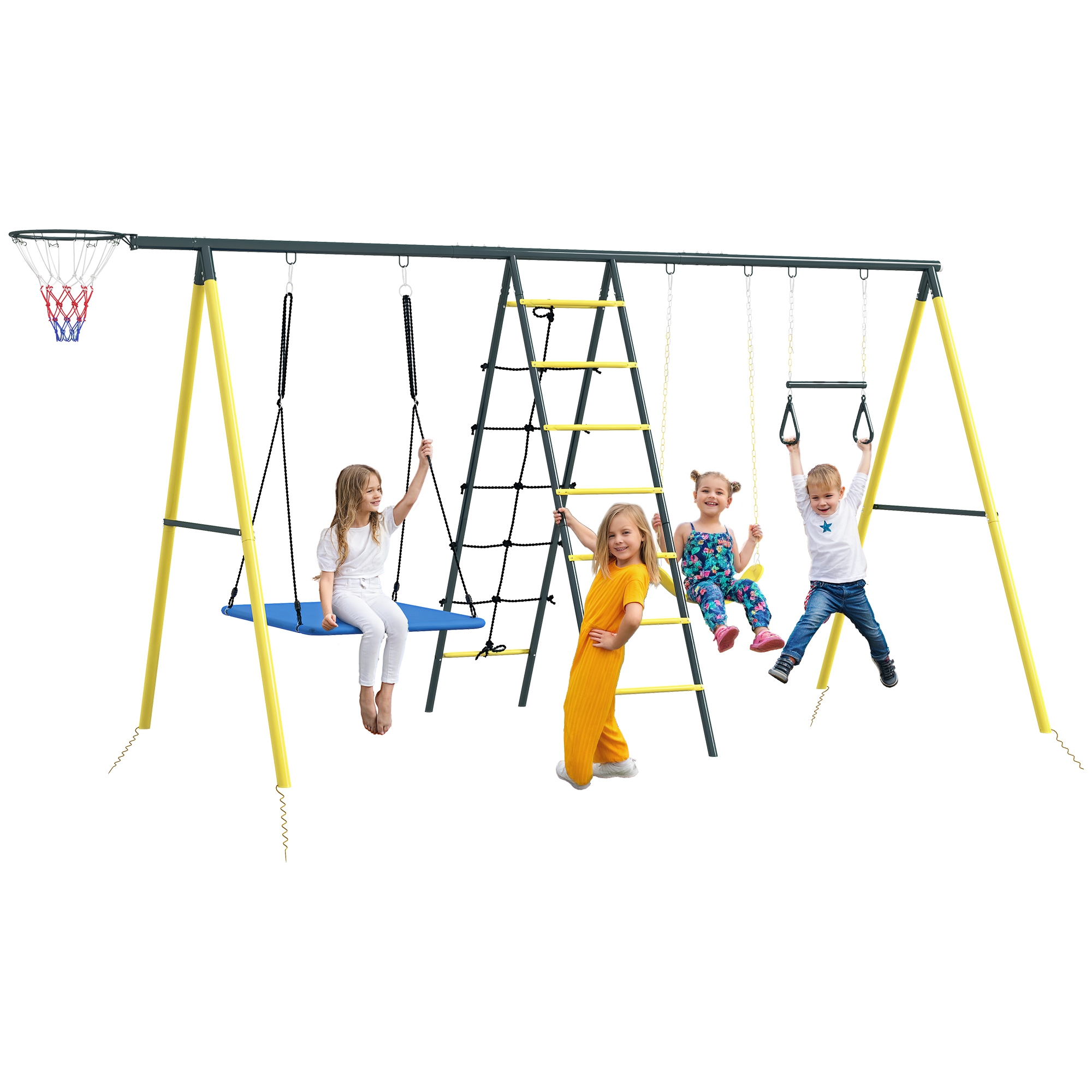 Metal Swing Set for Backyard 5 in 1 Design Holds up to 440 lbs. for Ages 3-8, Yellow (Drop Shipping Only, Not for Amazon)