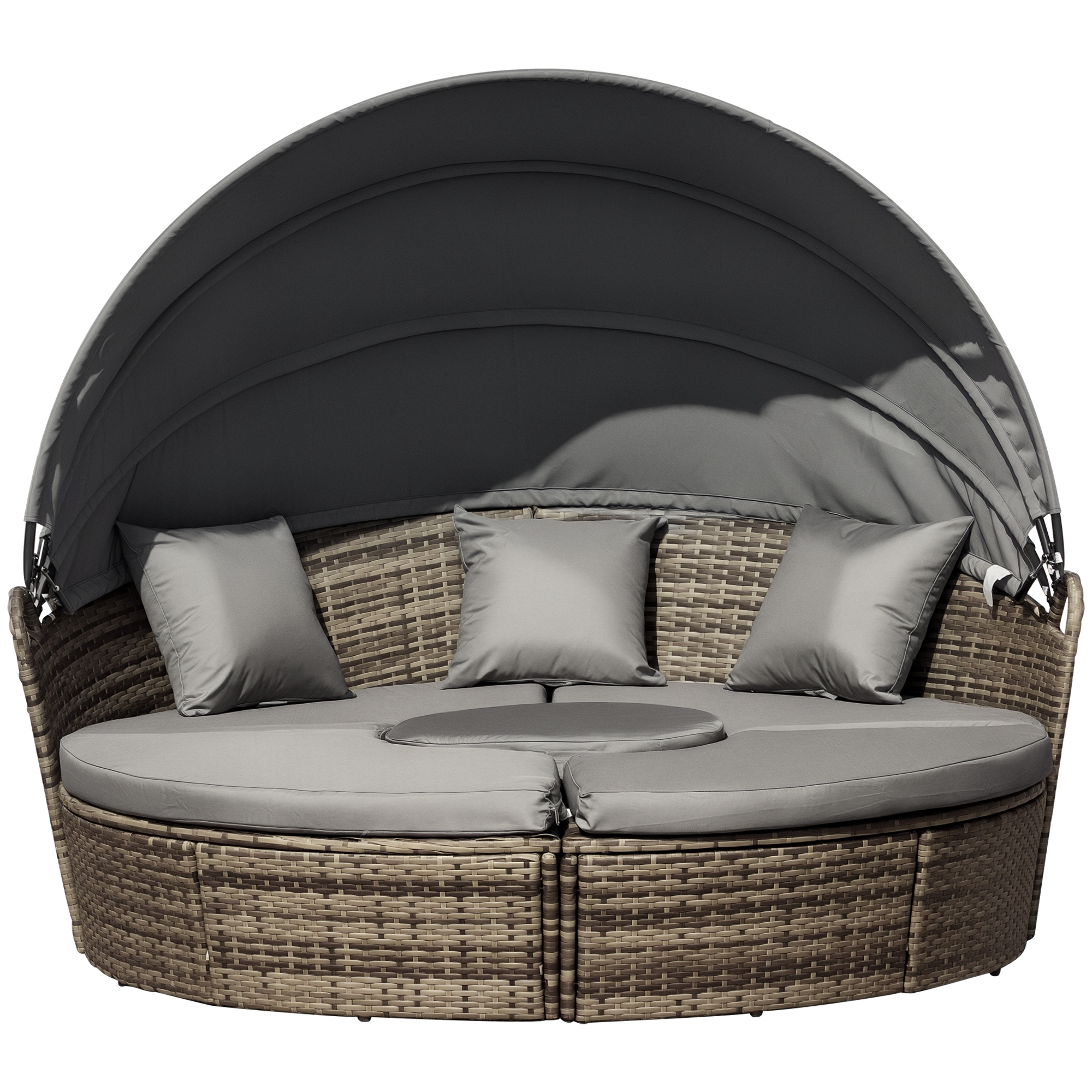 4-Piece Round Convertible Daybed with Cushions, Outdoor PE Rattan Patio Wicker Sofa Set, Sunbed with Adjustable Sun Canopy, Sectional Sofa, 2 Chairs, Table, 3 Pillows, Dark Gray (Drop Shipping Only, Not for Amazon)