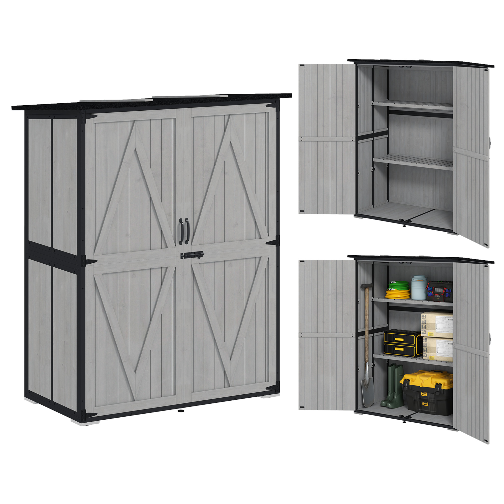 Wood Storage Shed, Outdoor Garden Shed with Asphalt Roof, 2 Shelves, Lockable Doors and Adjustable Feet, Gray (Drop Shipping Only, Not for Amazon)