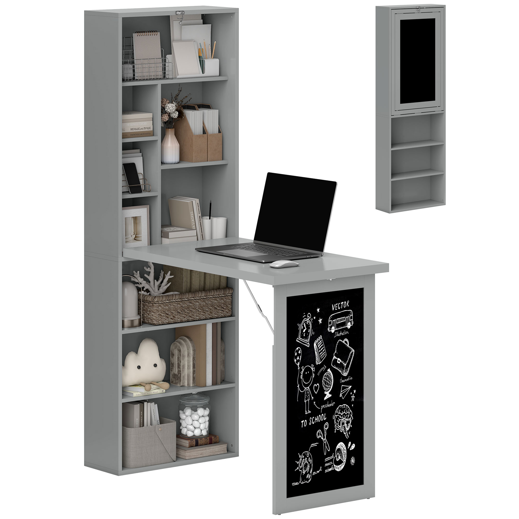 Folding Convertible Desk with Blackboard Multi-function Computer Office Workstation Side Shelf for Home Office, Grey (Drop Shipping Only, Not for Amazon)
