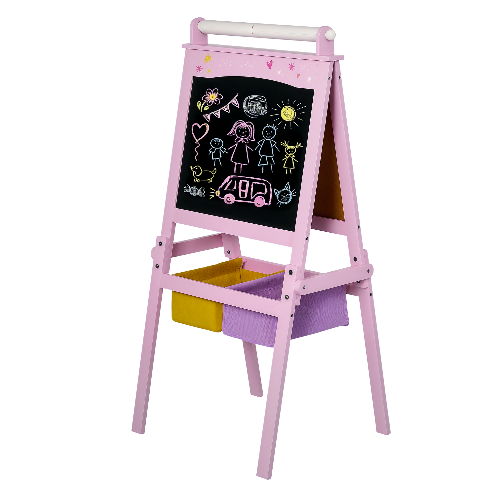 3 In 1 Kids Wooden Art Easel with Paper Roll, Double-Sided, Chalkboard & Whiteboard, Storage Baskets, Pink (Drop Shipping Only, Not for Amazon)