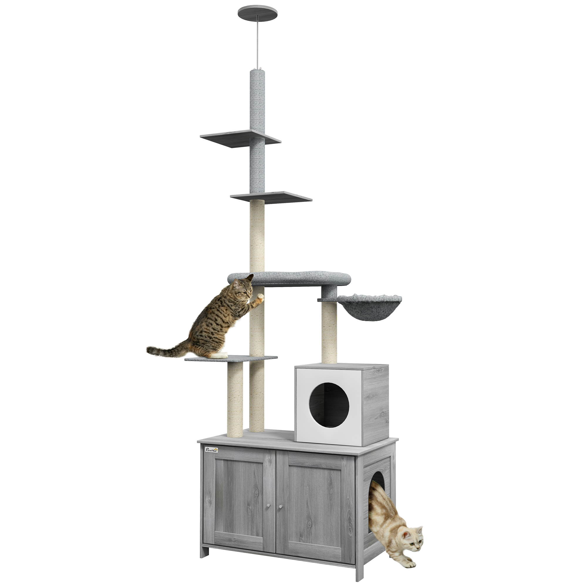 2 in 1 Floor to Ceiling Cat Tree with Litter Box Enclosure, Condo, Bed, Hammock, Scratching Posts, and Platforms, Gray (Drop Shipping Only, Not for Amazon)