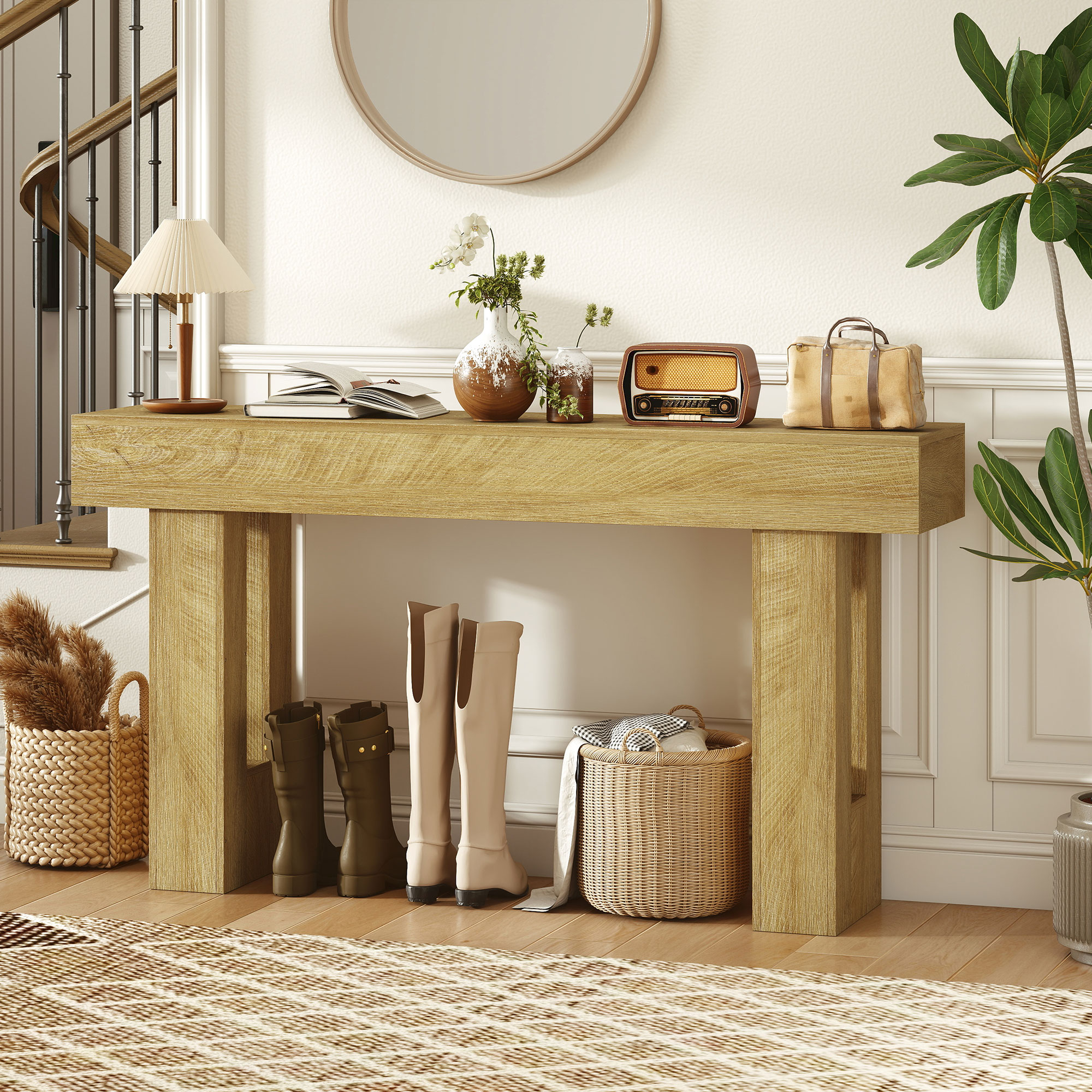 63 Inch Console Table, Sofa Table Behind the Couch with Thickened Tabletop for Living Room, Hallway, Entrance, Oak (Drop Shipping Only, Not for Amazon)