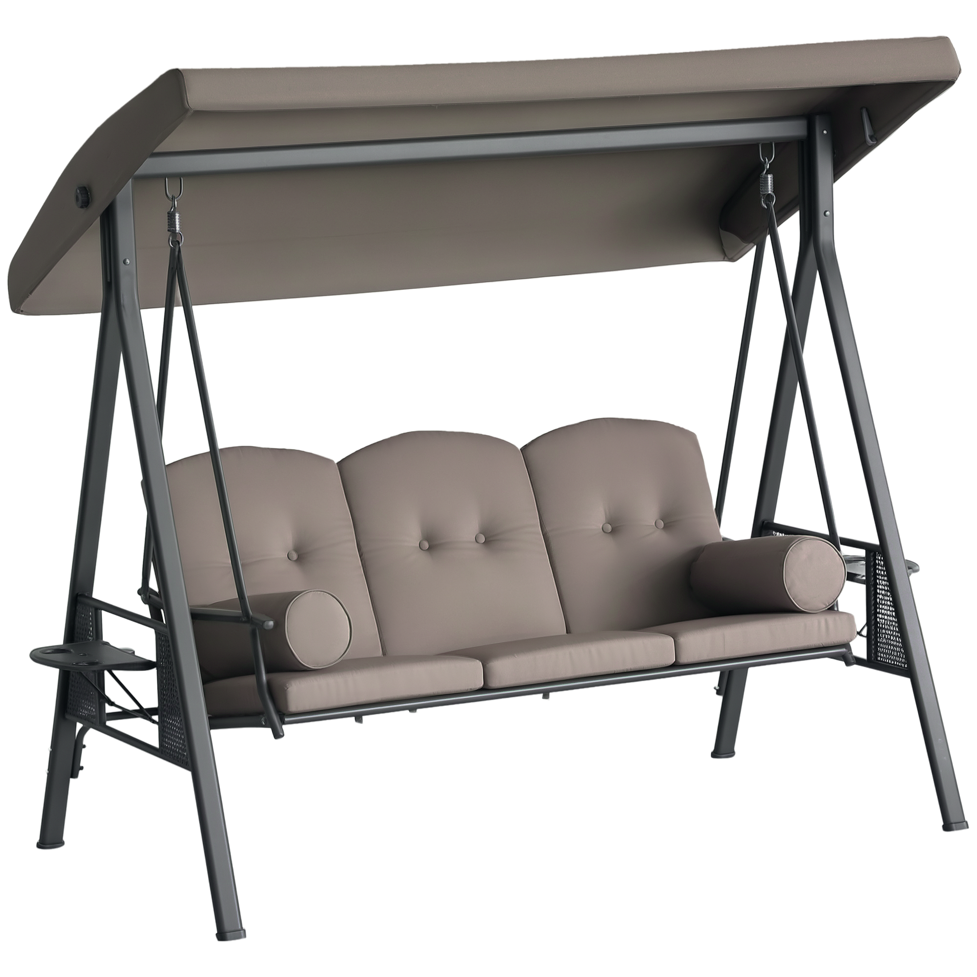 3-Seat Patio Swing Chair, Outdoor Porch Swing Glider with Adjustable Canopy, Removable Cushion, Pillows and Side Trays, for Garden, Poolside, Backyard, Black (Drop Shipping Only, Not for Amazon)