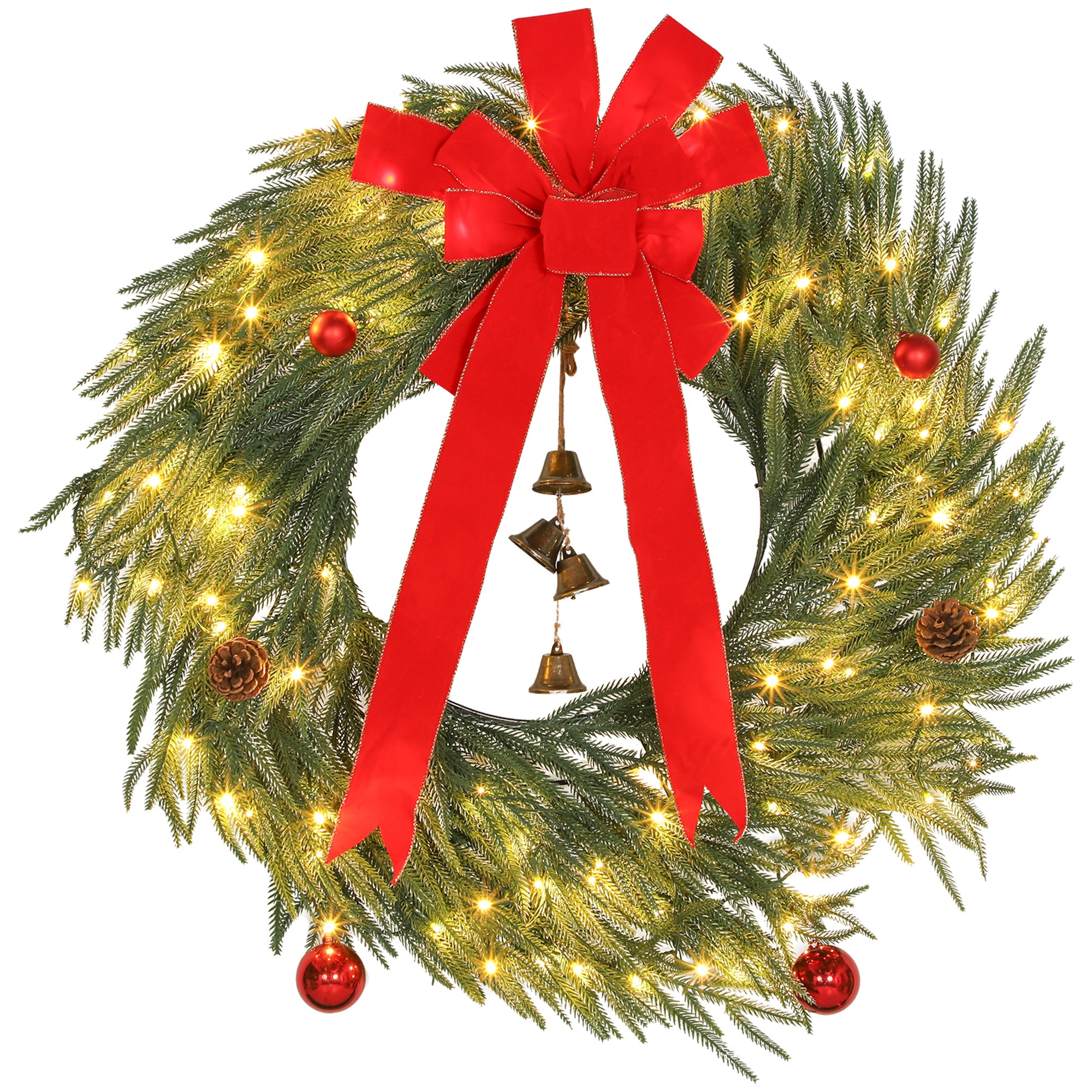 36 Inch Christmas Wreath for Front Door with LED Lights, Prelit Christmas Wreath with 8 Modes and Ornaments, Green (Drop Shipping Only, Not for Amazon)