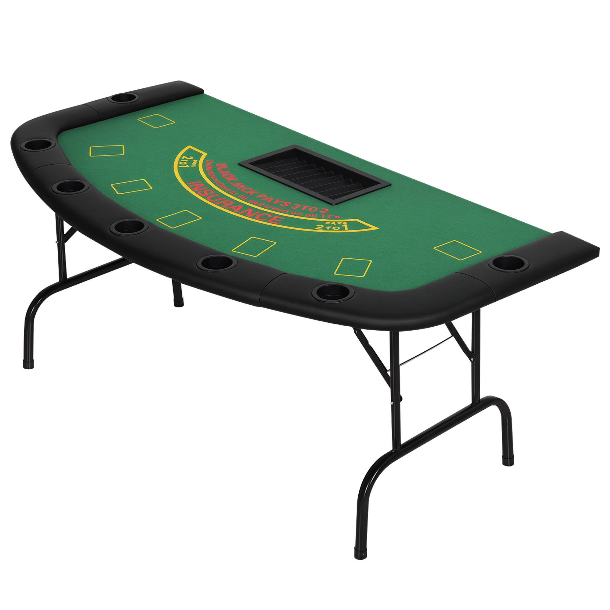 Poker Table, 7-P Folding Blackjack Table with Chip Tray, Cup Holders, Padded Rails, 182 x 91 x 75 cm, Green (Drop Shipping Only, Not for Amazon)