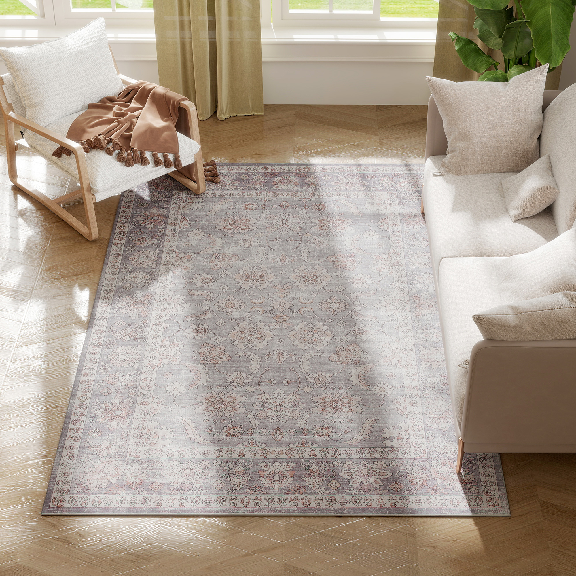 Machine Washable Area Rug 4x6, Non-Slip Traditional Flower Print Floor Carpet for Living Room, Bedroom, Grey and Brown (Drop Shipping Only, Not for Amazon)