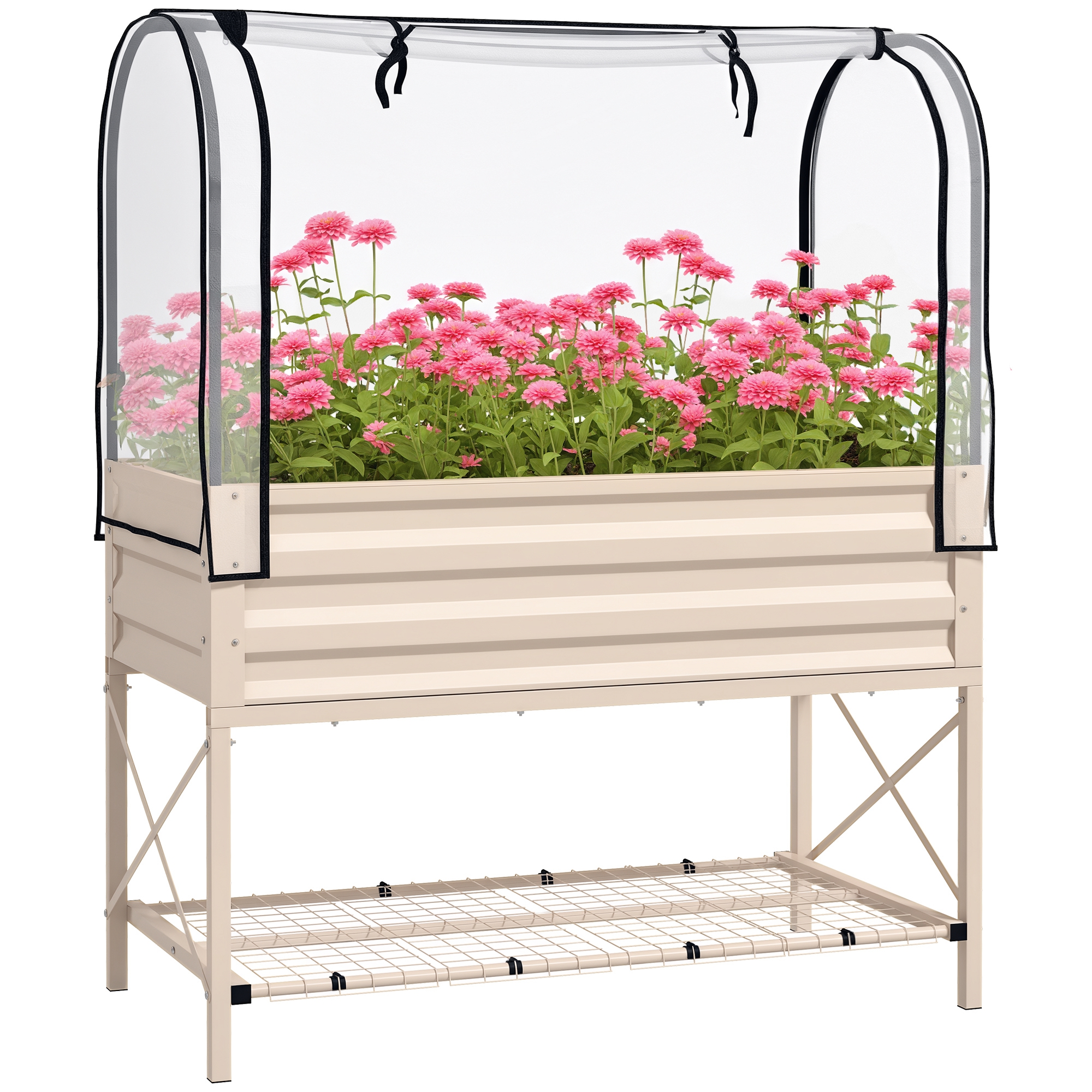 Raised Garden Bed with Legs and Cover, Metal Elevated Planter Box with Bottom Shelf and Liner for Vegetables, Brown (Drop Shipping Only, Not for Amazon)