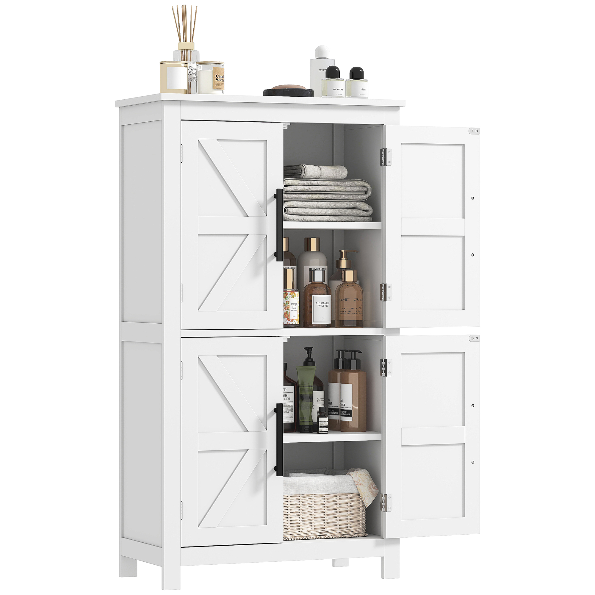 Bathroom Floor Storage Cabinet, Farmhouse Bathroom Cabinet with 4 Doors and Adjustable Shelf, White (Drop Shipping Only, Not for Amazon)