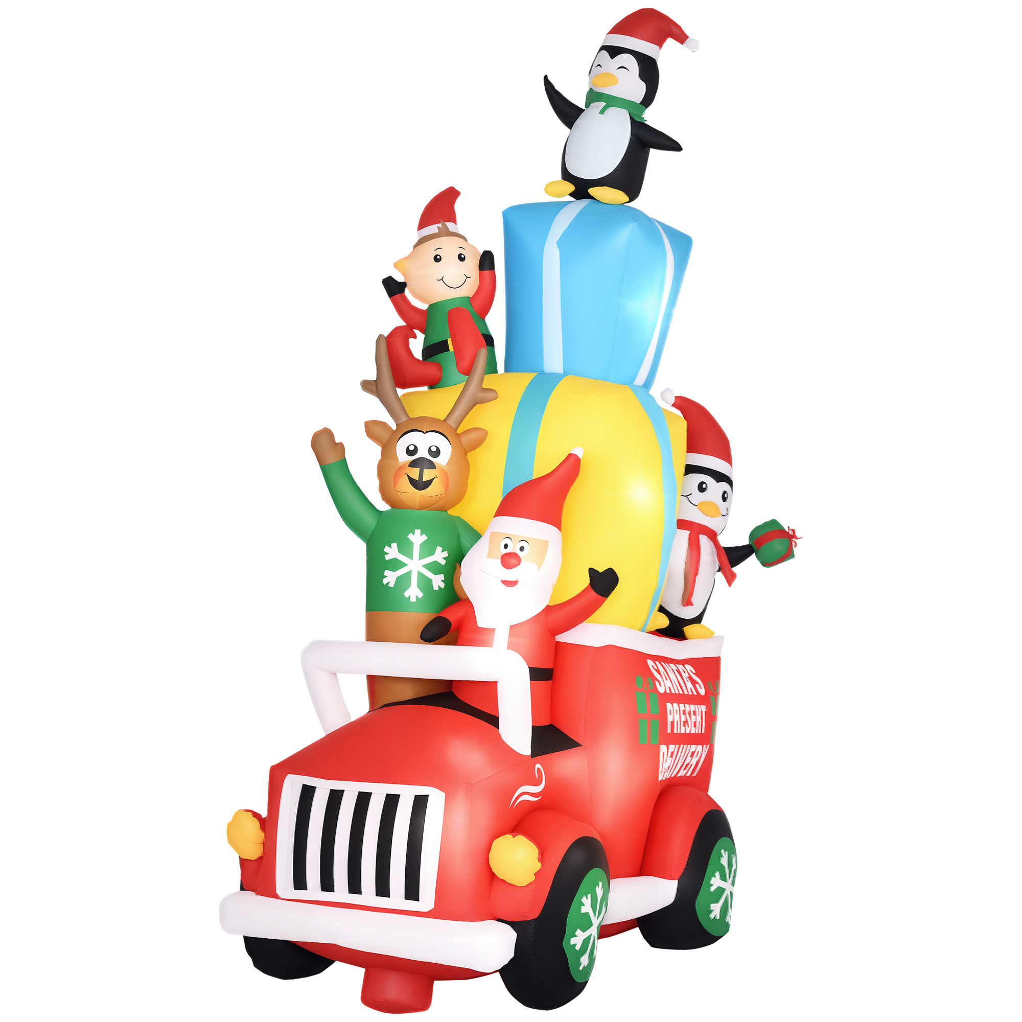 9ft Christmas Inflatables Outdoor Decorations Santa Claus Drives a Gift Car with Elk, Elf and Two Penguins, Blow-Up LED Yard Christmas Decor for Garden, Lawn (Drop Shipping Only, Not for Amazon)