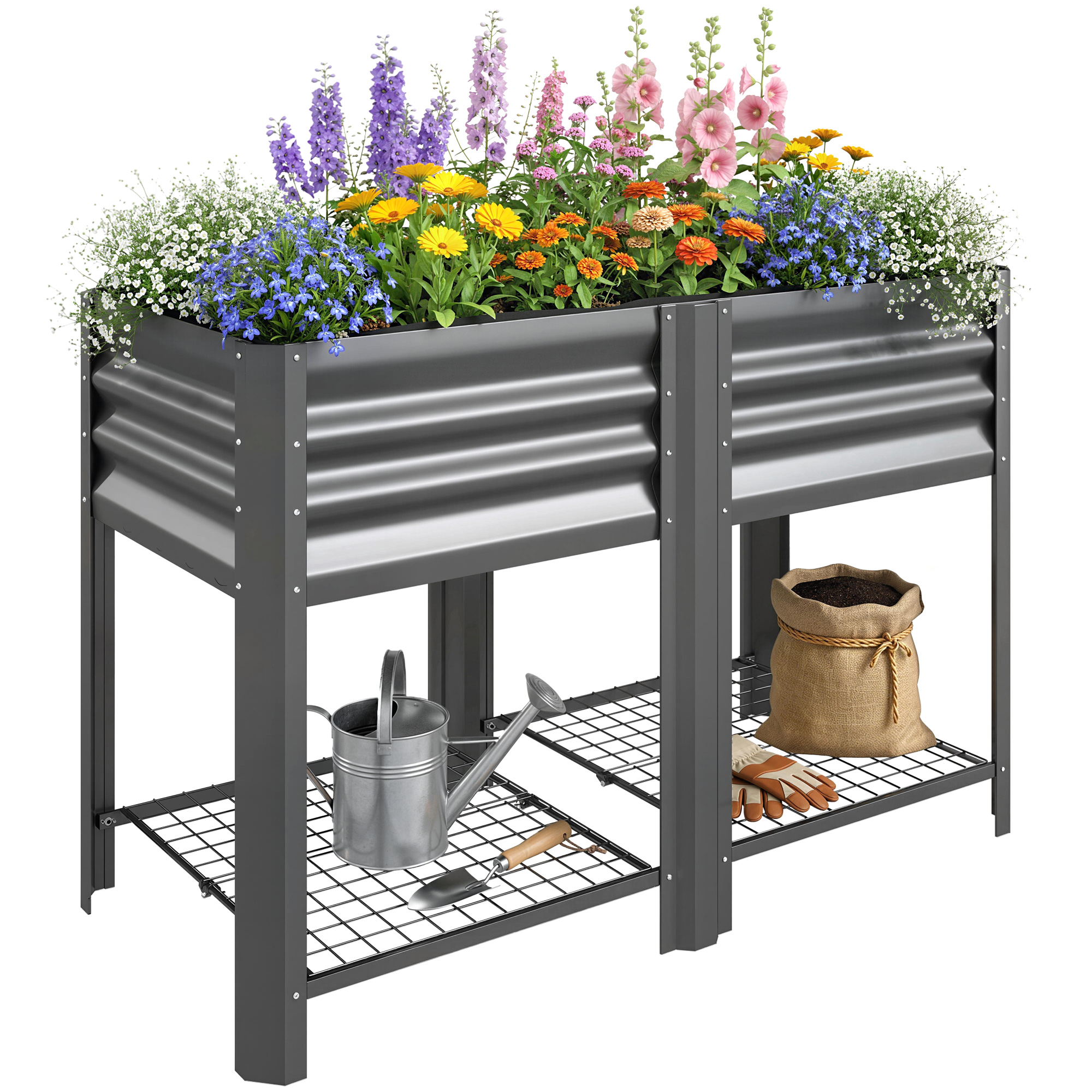 Raised Garden Bed Galvanized Steel, Elevated Planter Box with Storage Shelf, Bed Liner, 31.5