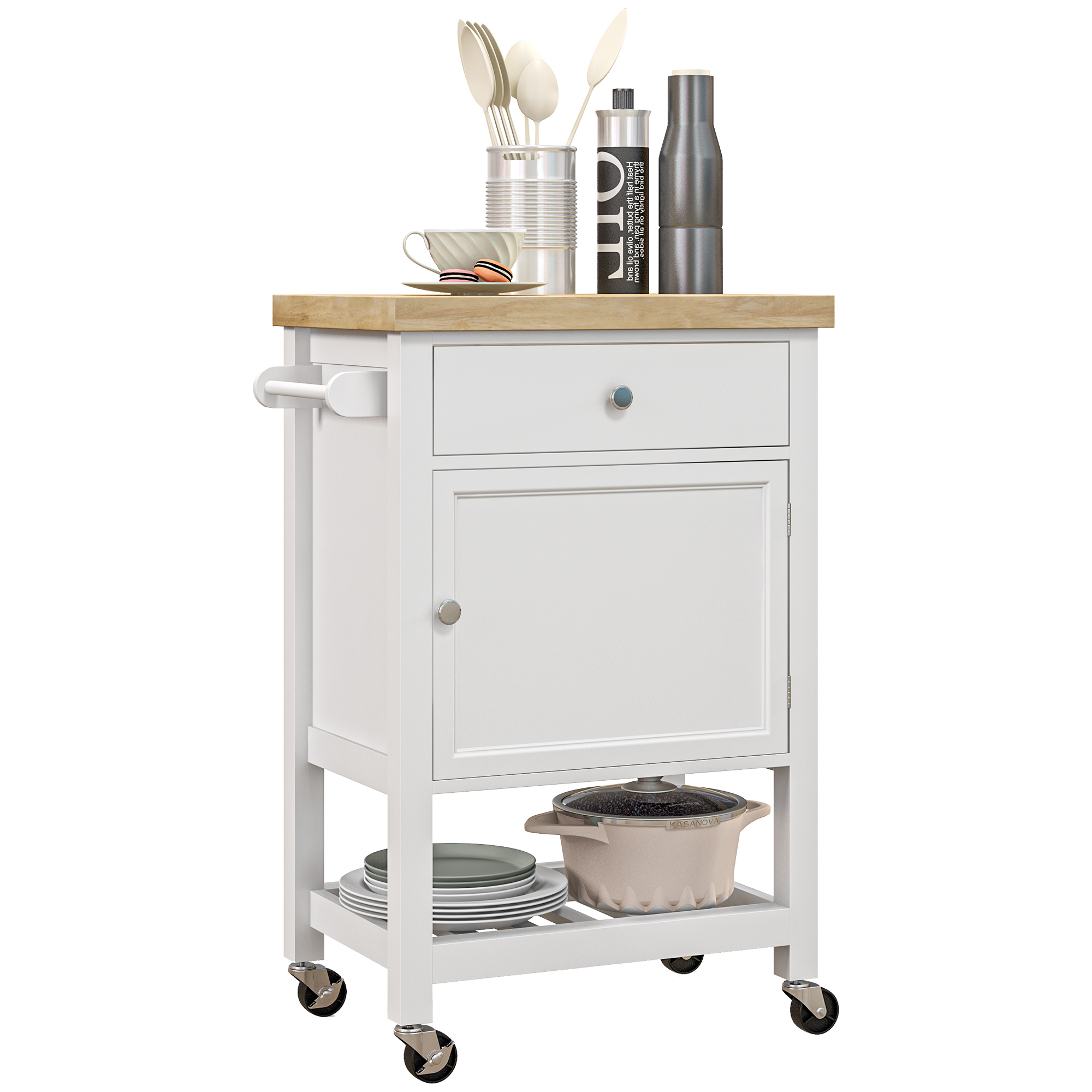 Kitchen Island on Wheels, Rolling Kitchen Cart with Rubberwood Top, Drawer, Wine Rack and Cabinet, White (Drop Shipping Only, Not for Amazon)