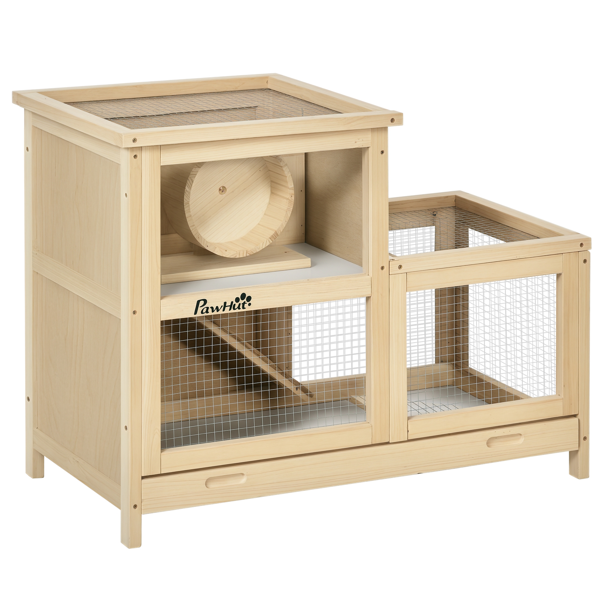 Wooden Hamster Cage with Sliding Tray, 2 Tiers Gerbil Cage Mice Rodent Small Animal Hutch with Run Area, Openable Roofs, Ramp, Seesaw, Running Wheel, 78 x 41.5 x 60 - Natural (Drop Shipping Only, Not for Amazon)