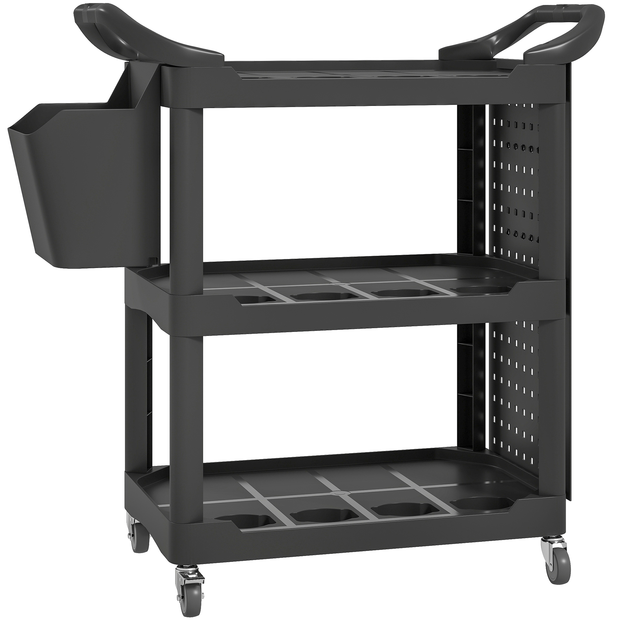 3-Tier Rolling Tool Cart, 200 LBS Capacity Plastic Utility Cart with Side Shelf and Storage Bucket, Black (Drop Shipping Only, Not for Amazon)